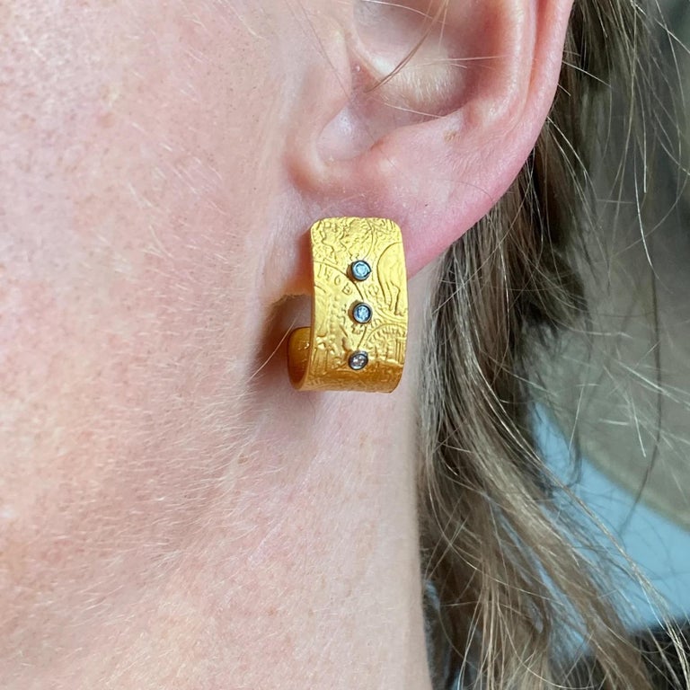 Round Cut Byzantine Coin Surface Post Earrings 24K Gold w/ Diamonds by Kurtulan Jewellery For Sale