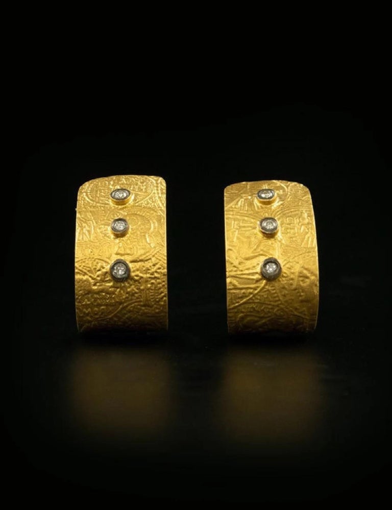 Women's or Men's Byzantine Coin Surface Post Earrings 24K Gold w/ Diamonds by Kurtulan Jewellery For Sale