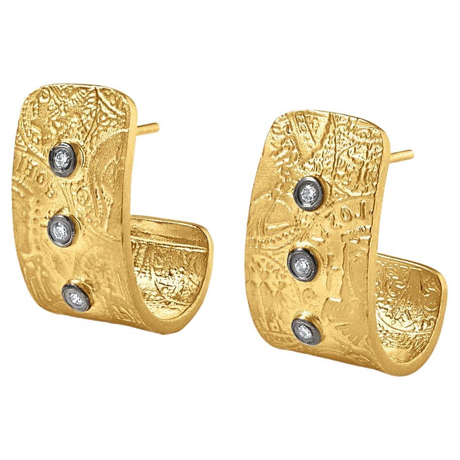 Byzantine Coin Surface Post Earrings 24K Gold w/ Diamonds by Kurtulan Jewellery For Sale