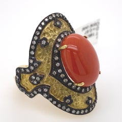 Byzantine Coral and Diamond Hammered Finished Ring 18 Karat Yellow Gold