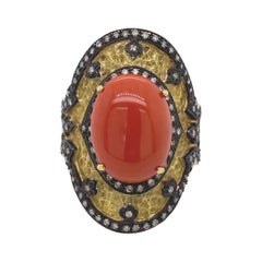 Antique Byzantine Coral and Diamond Hammered Finished Ring 18 Karat Yellow Gold