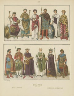 Byzantine Costume Plate 800–1100, Antique Hand-Colored Print c.1880
