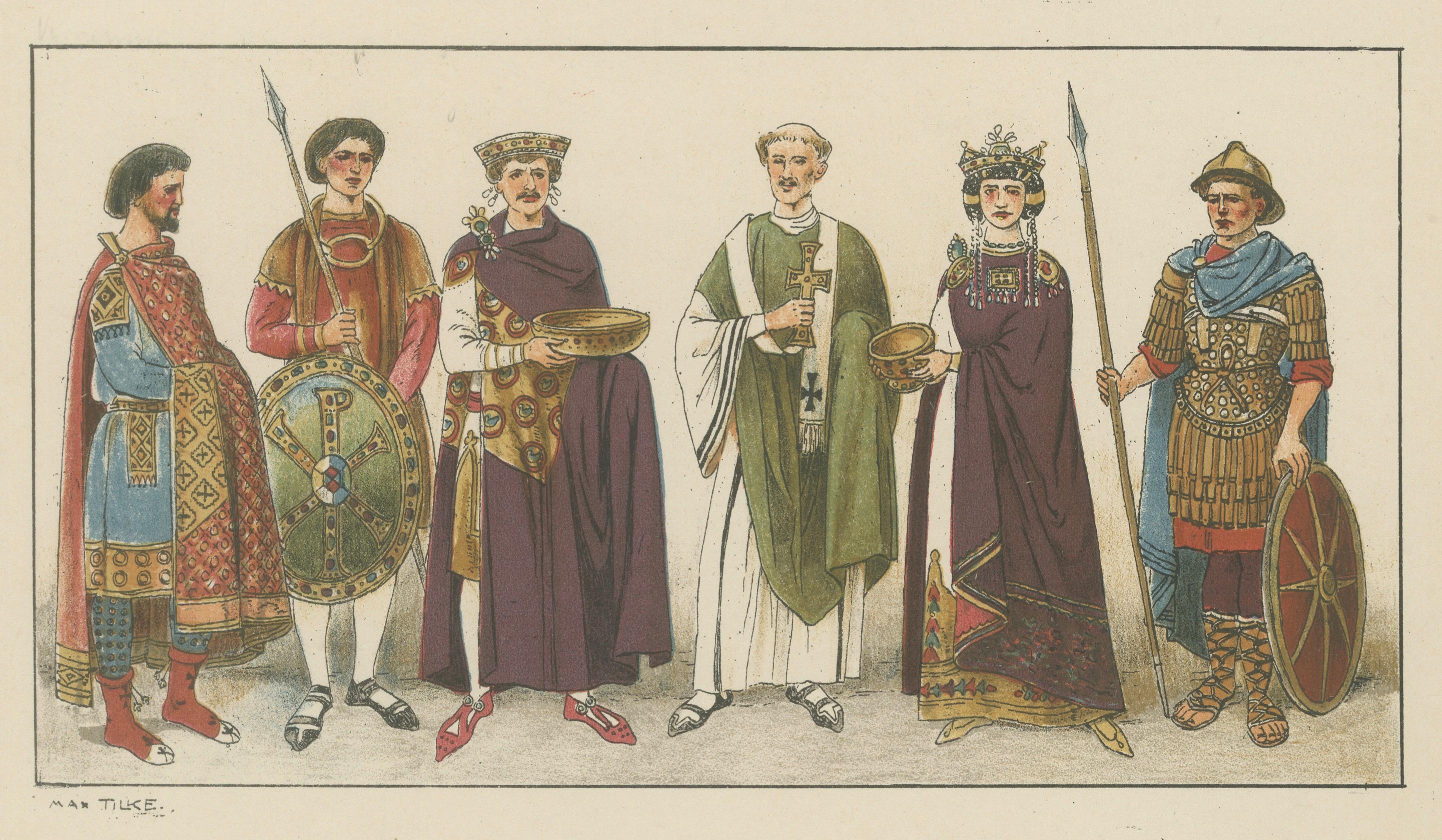 Byzantine Costume Plate 800–1100, Antique Hand-Colored Print c.1880