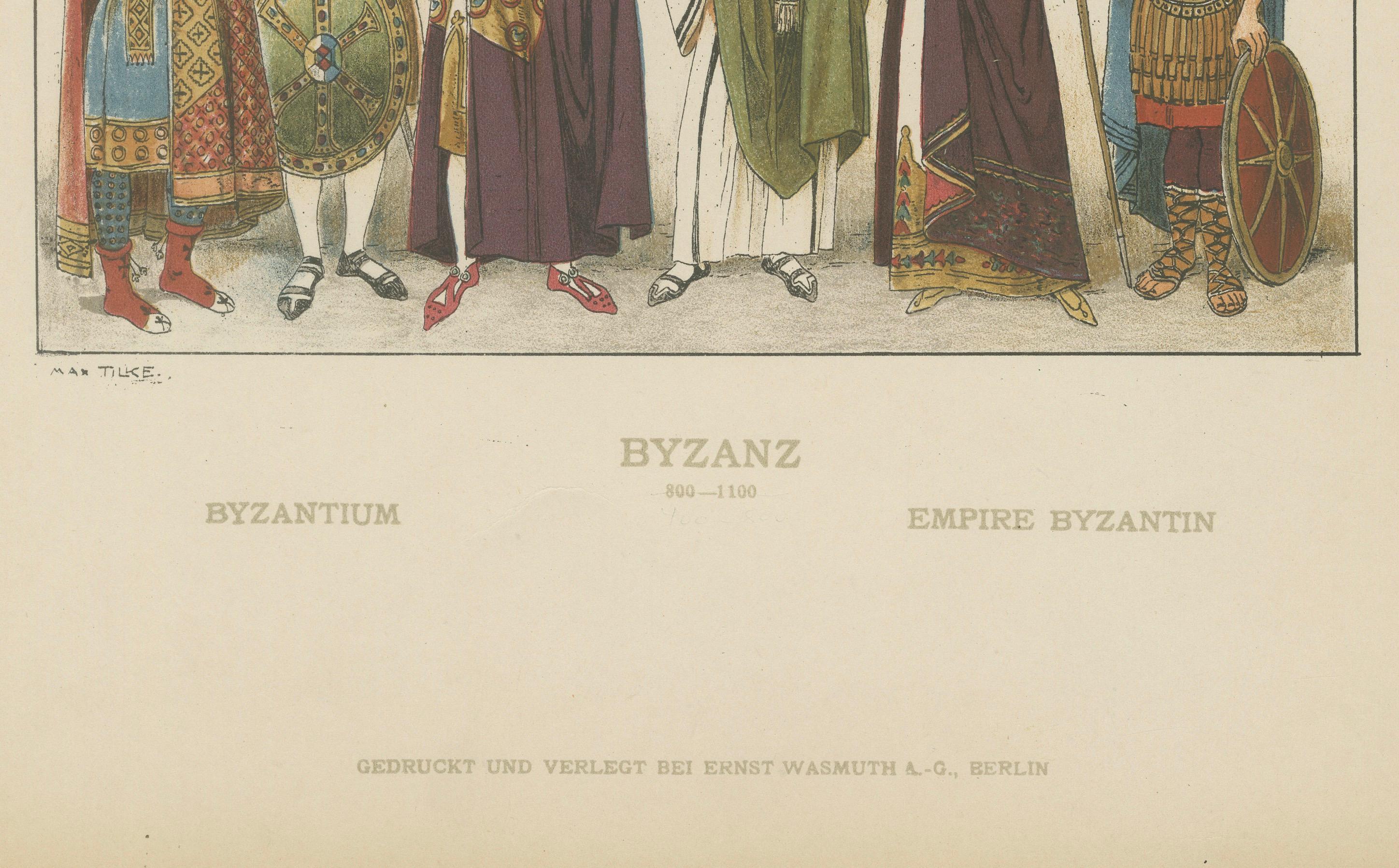 Byzantine Costume Plate 800–1100, Antique Hand-Colored Print c.1880