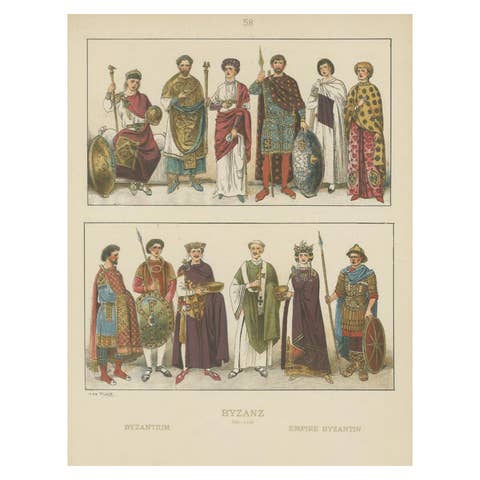Byzantine Costume Plate 800–1100, Antique Hand-Colored Print c.1880