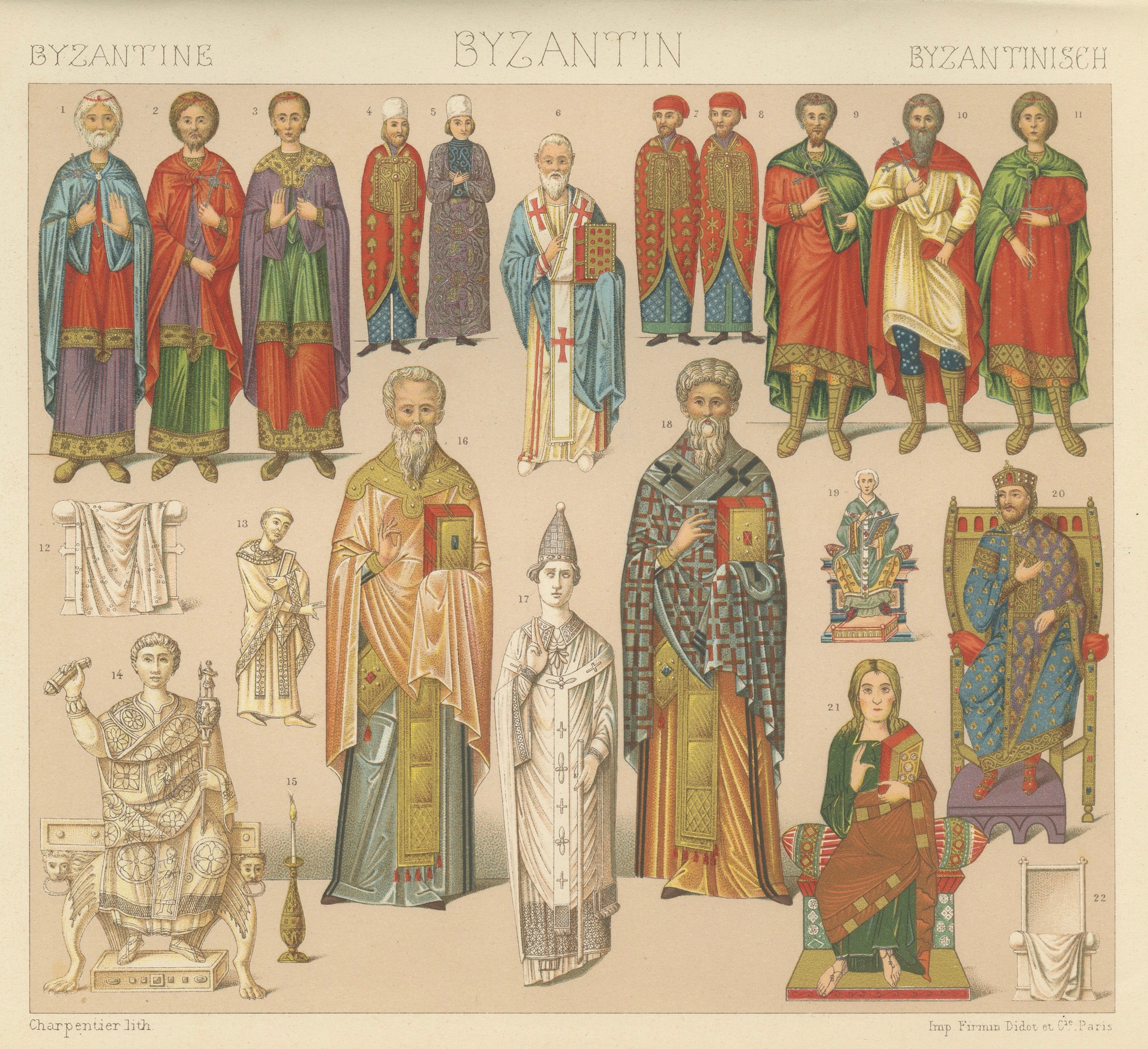 Byzantine Costume Study by Racinet, Imperial & Clerical Dress, 1888