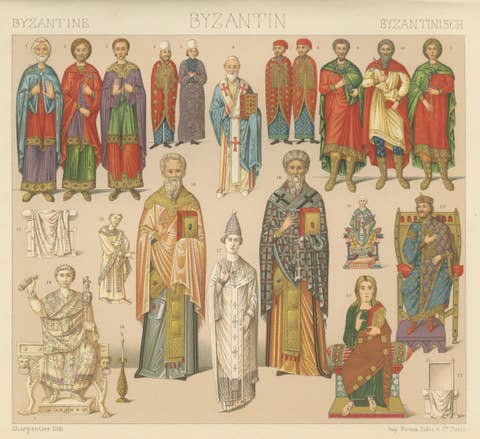 Byzantine Costume Study by Racinet, Imperial & Clerical Dress, 1888