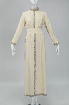 Byzantine Cream Jeweled Silk Column Hostess Maxi or Wedding Gown – S-M-, 1968