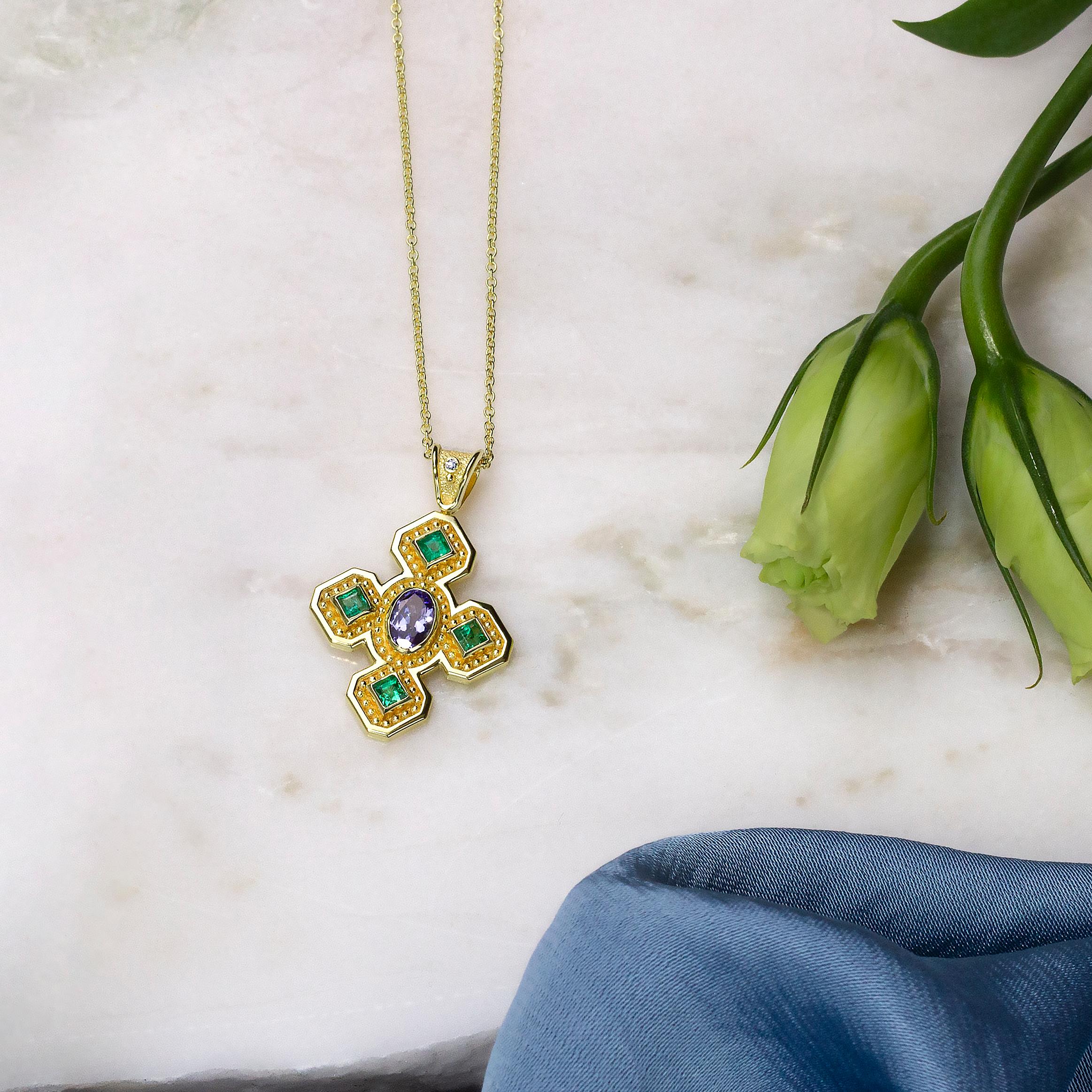 Women's Byzantine Cross Pendant with Emeralds Tanzanite and Diamond For Sale