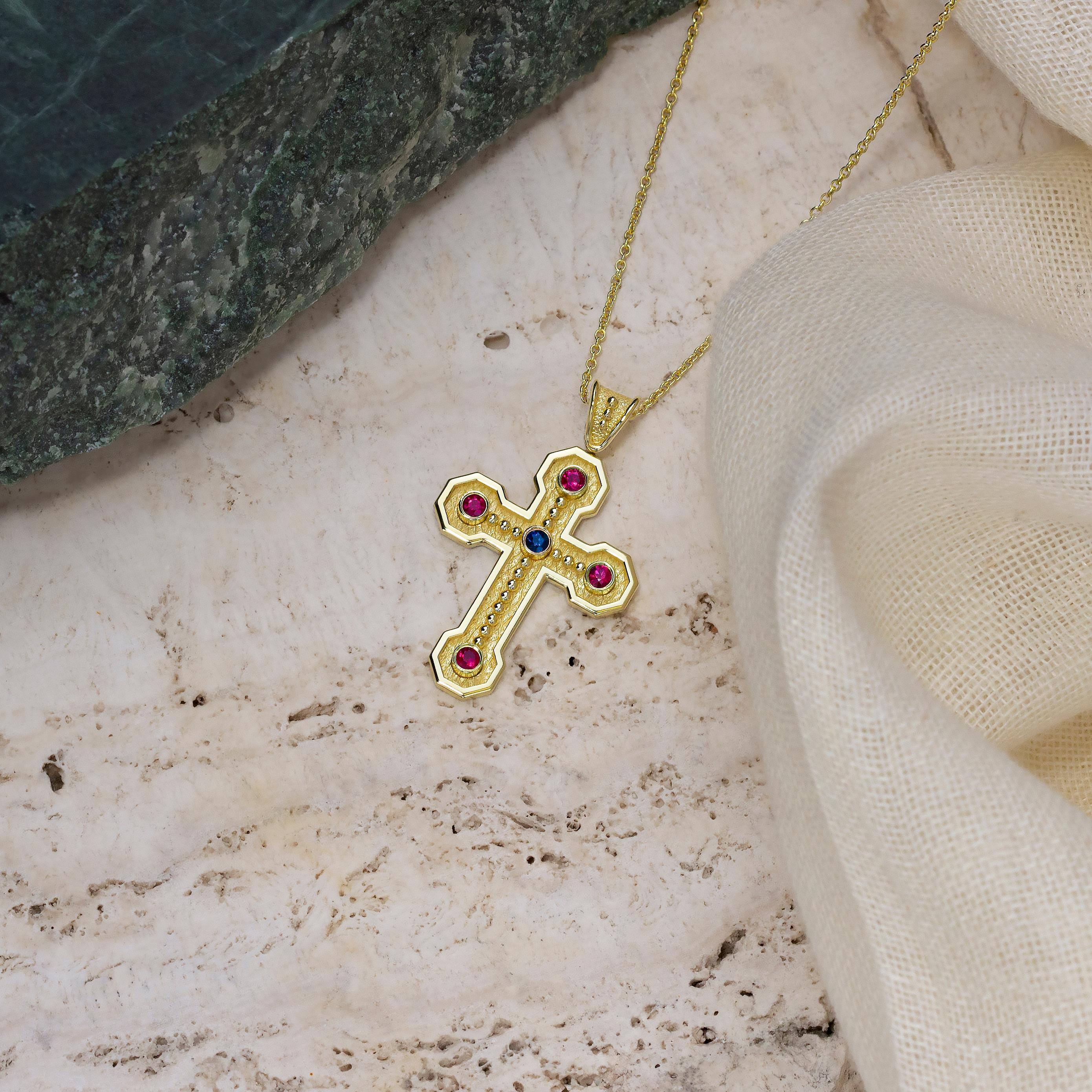 Round Cut Byzantine Cross Pendant with Rubies and Sapphire For Sale
