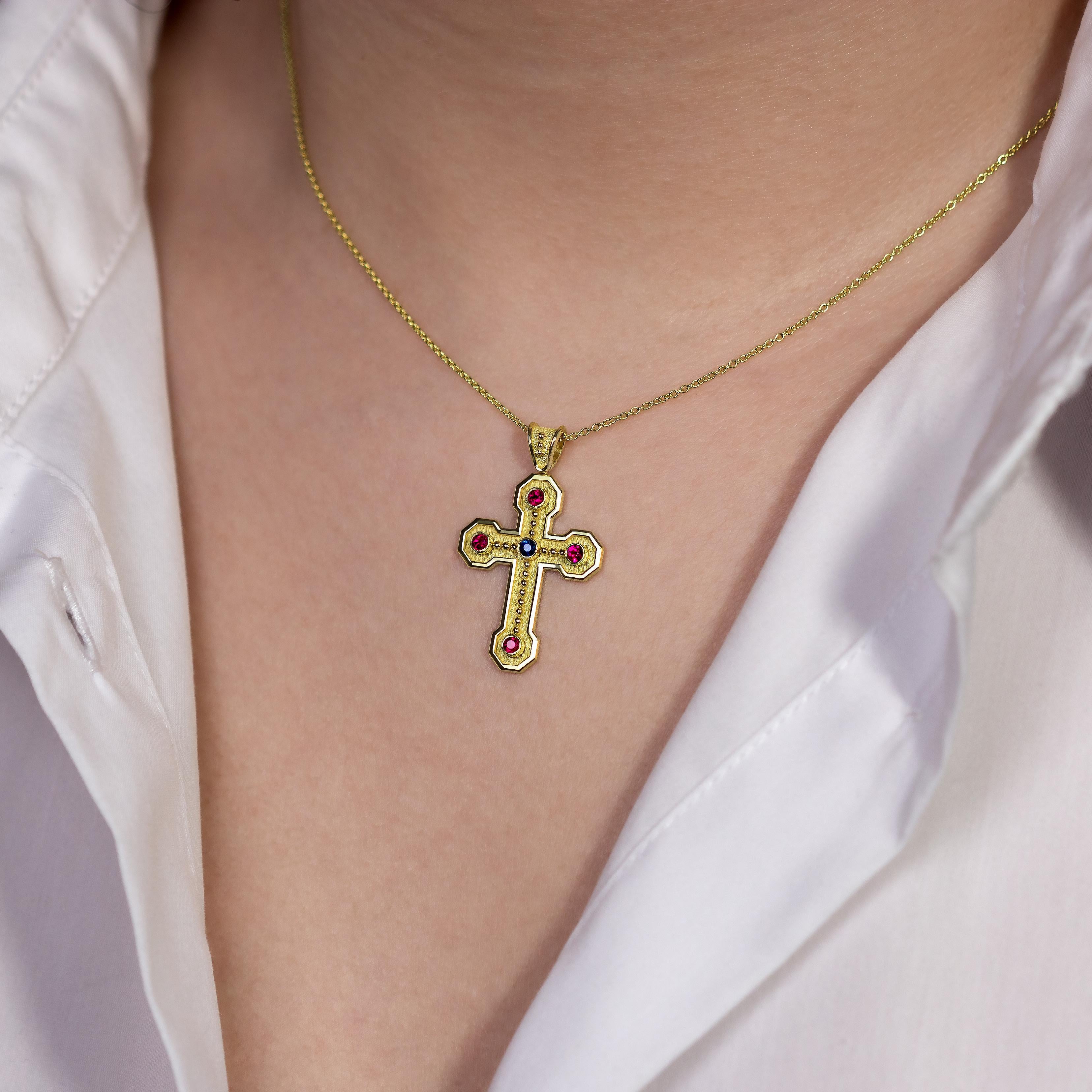 Women's Byzantine Cross Pendant with Rubies and Sapphire For Sale