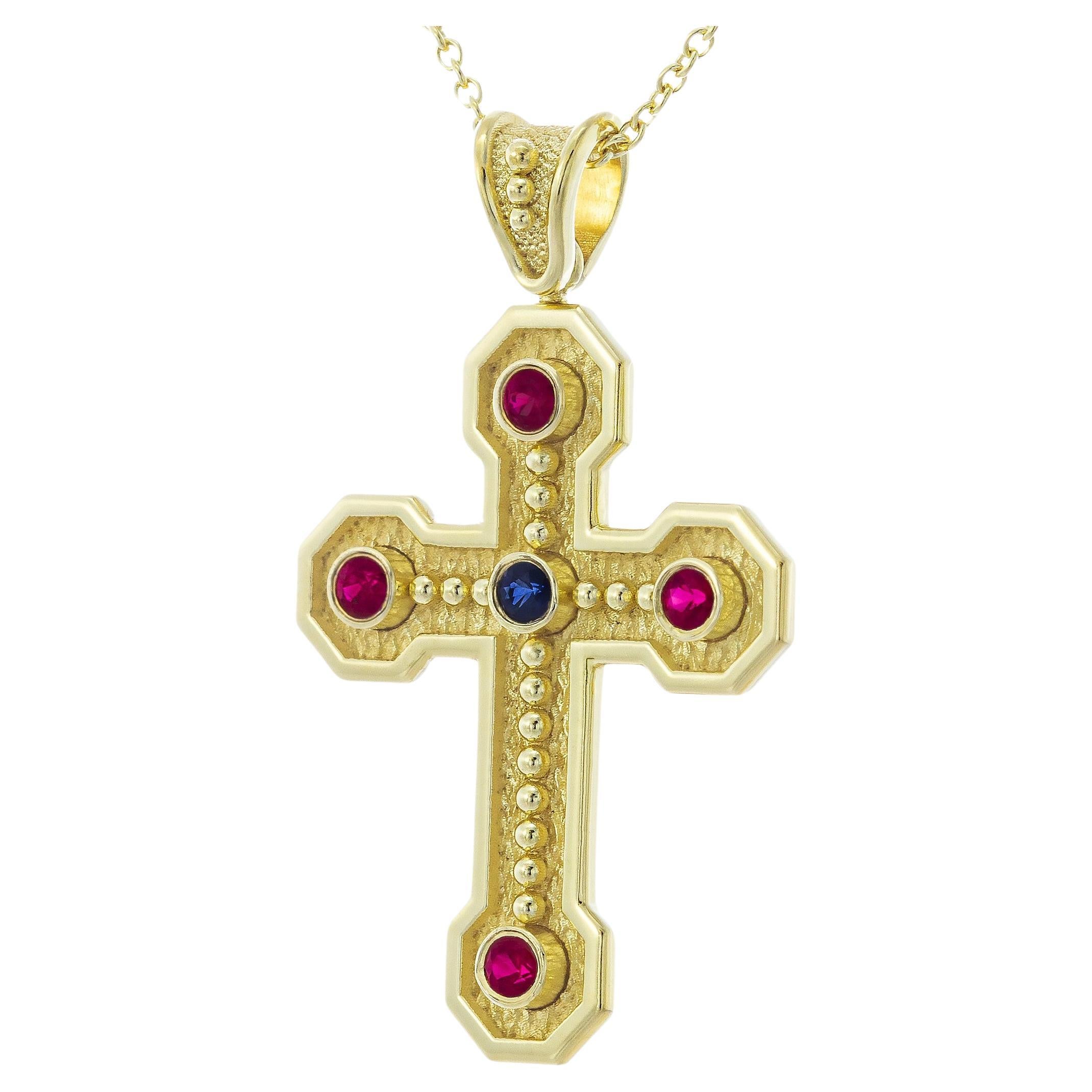 Byzantine Cross Pendant with Rubies and Sapphire For Sale