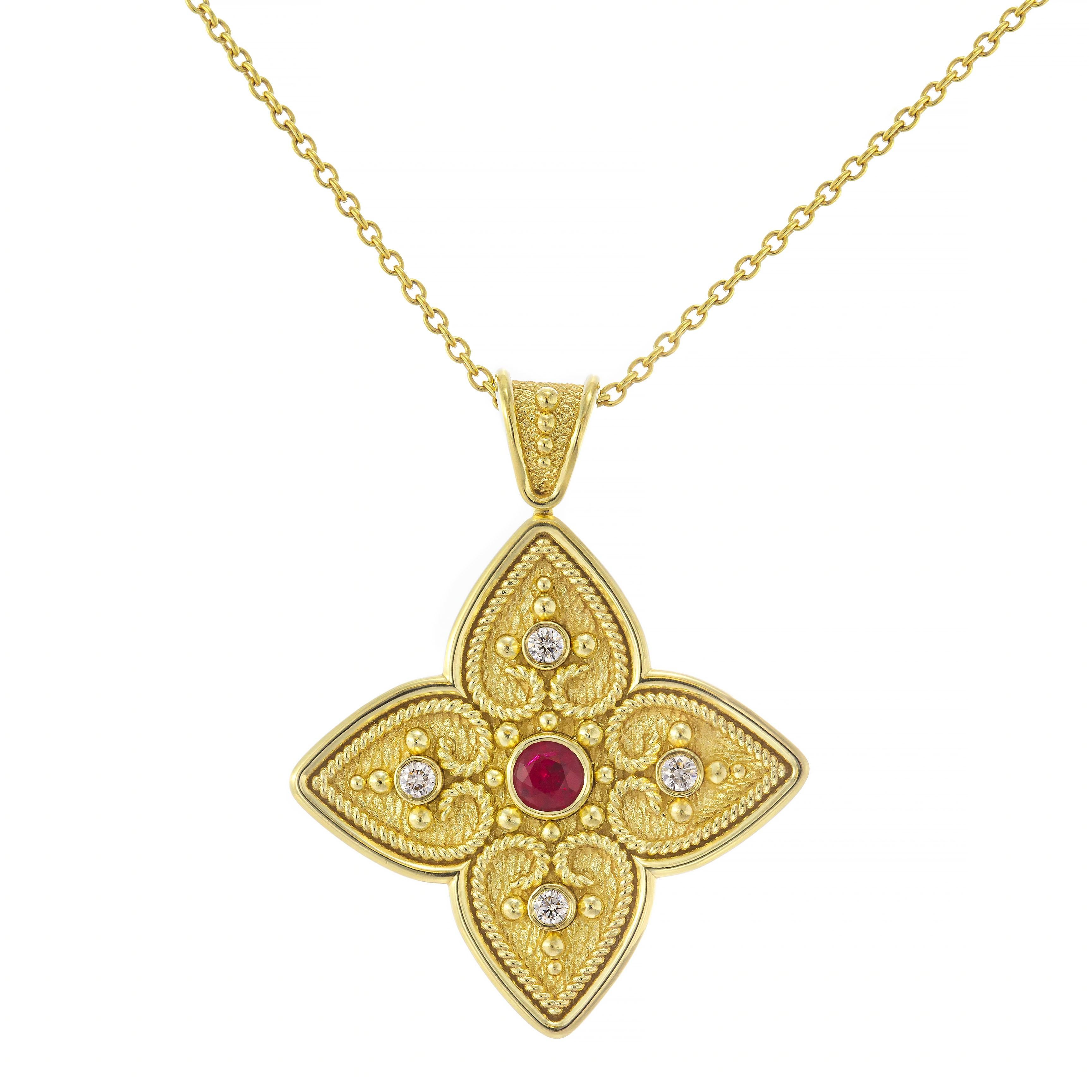 Round Cut Byzantine Cross Pendant with Ruby and Diamonds For Sale