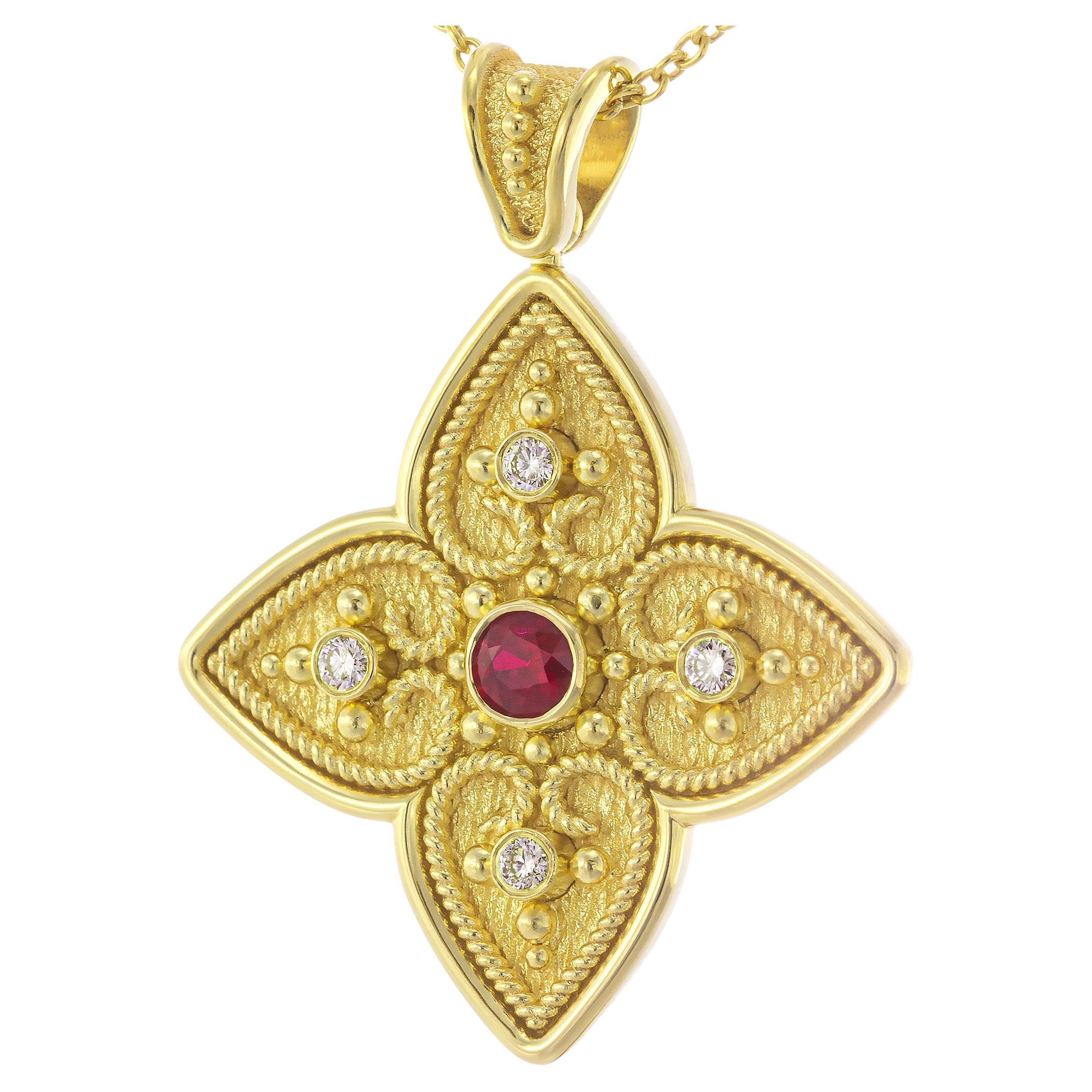 Byzantinischer Kreuzanhänger mit Rubin und Diamanten im Angebot