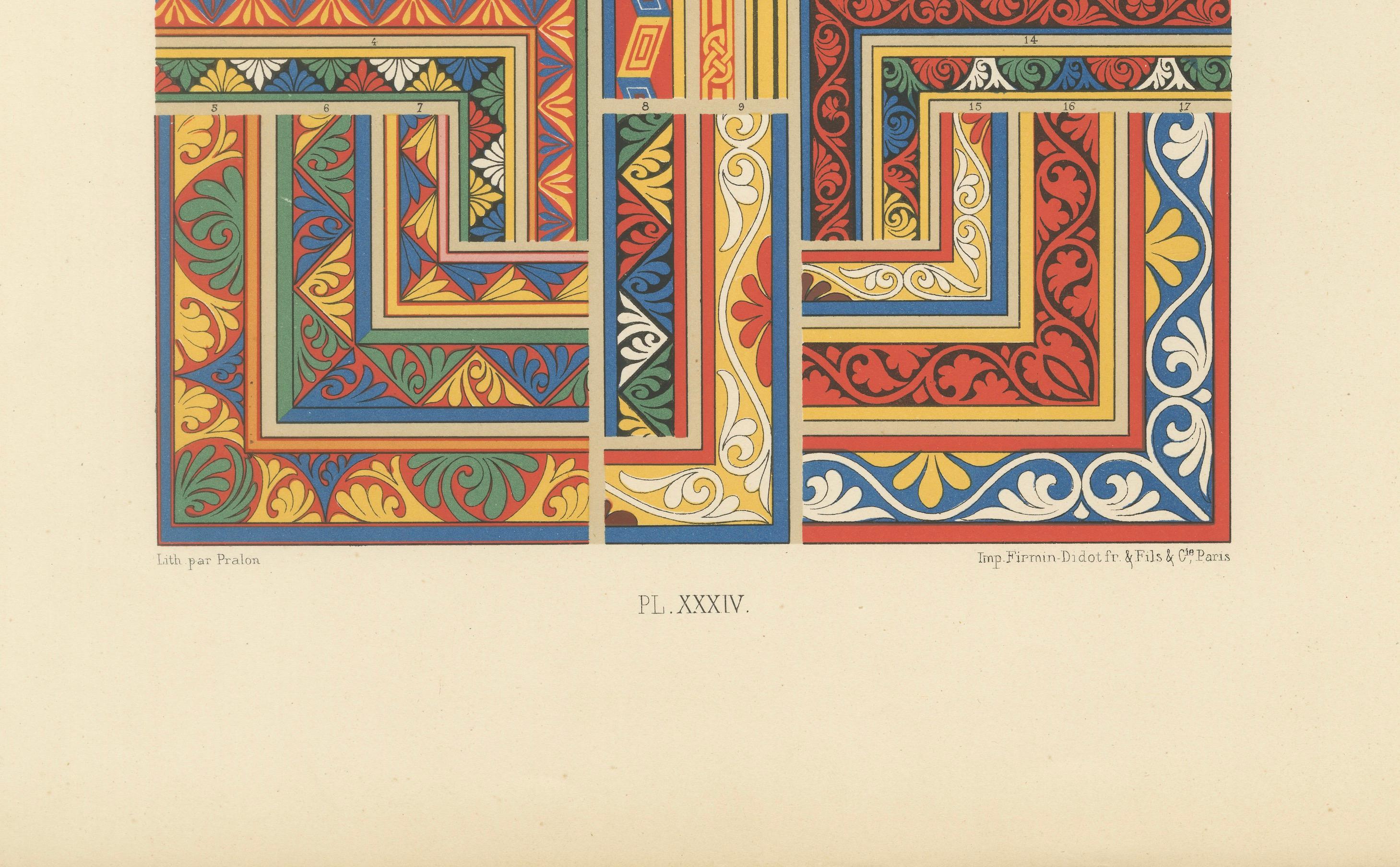 Byzantine Decorative Borders & Motifs – Geometric & Floral, Plate XXXIV

Description:
This vibrant chromolithograph titled 