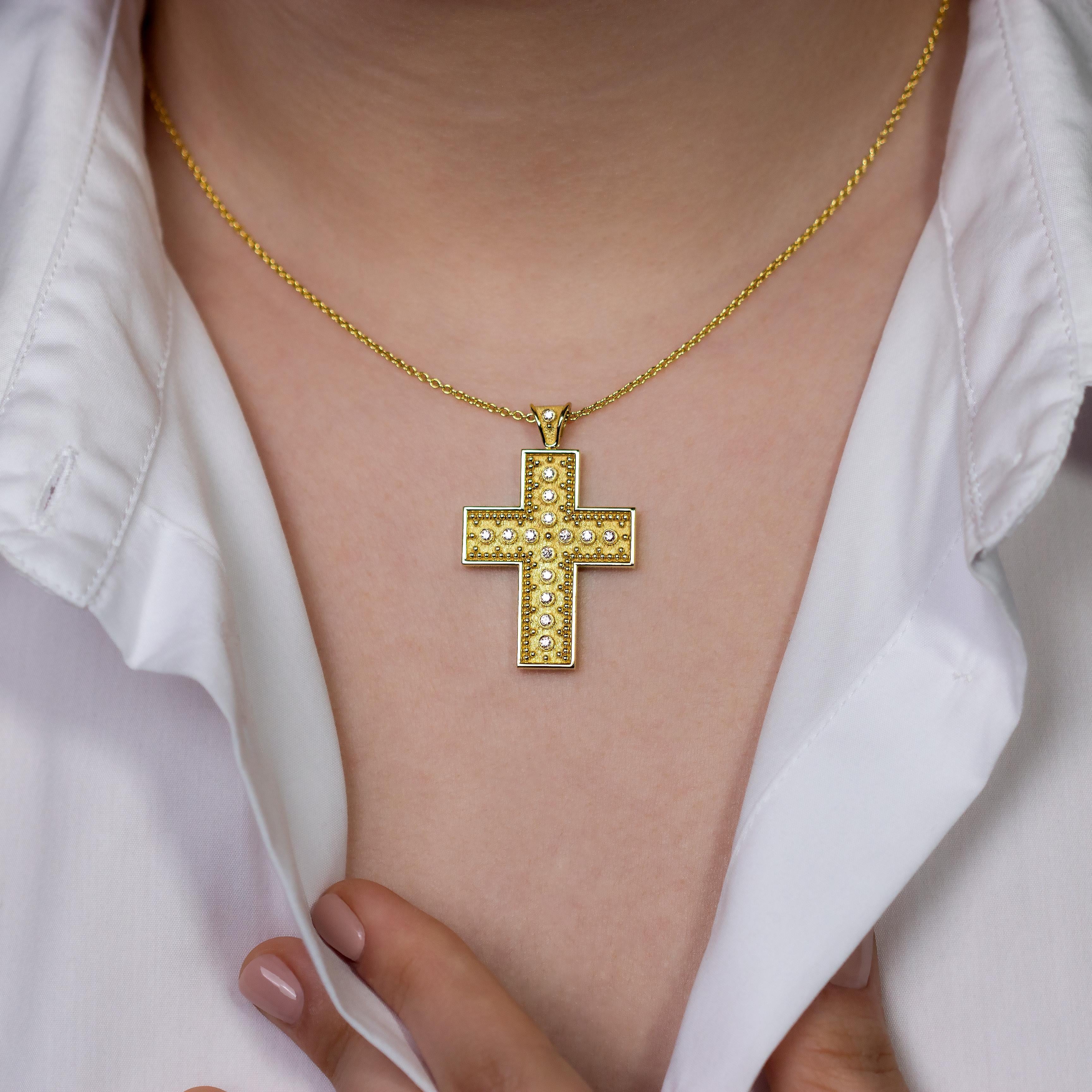 Throughout this gold square cross pendant, diamonds glisten amidst intricate granulations, crafting a divine symphony of faith and elegance, where every facet resonates with timeless allure.

100% handmade in our workshop.

Metal: 18K