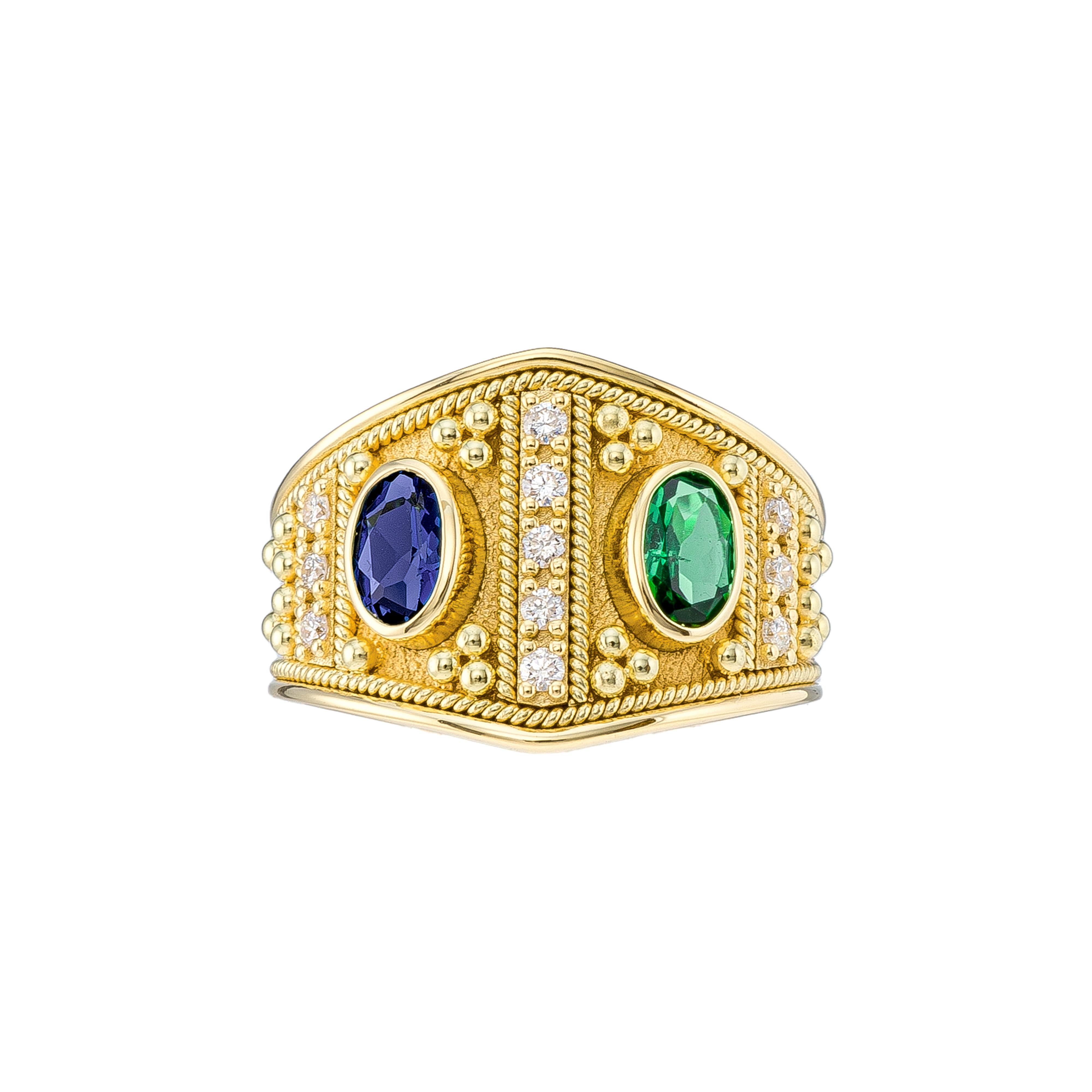 Oval Cut Byzantine Emerald and Sapphire Gold Ring For Sale