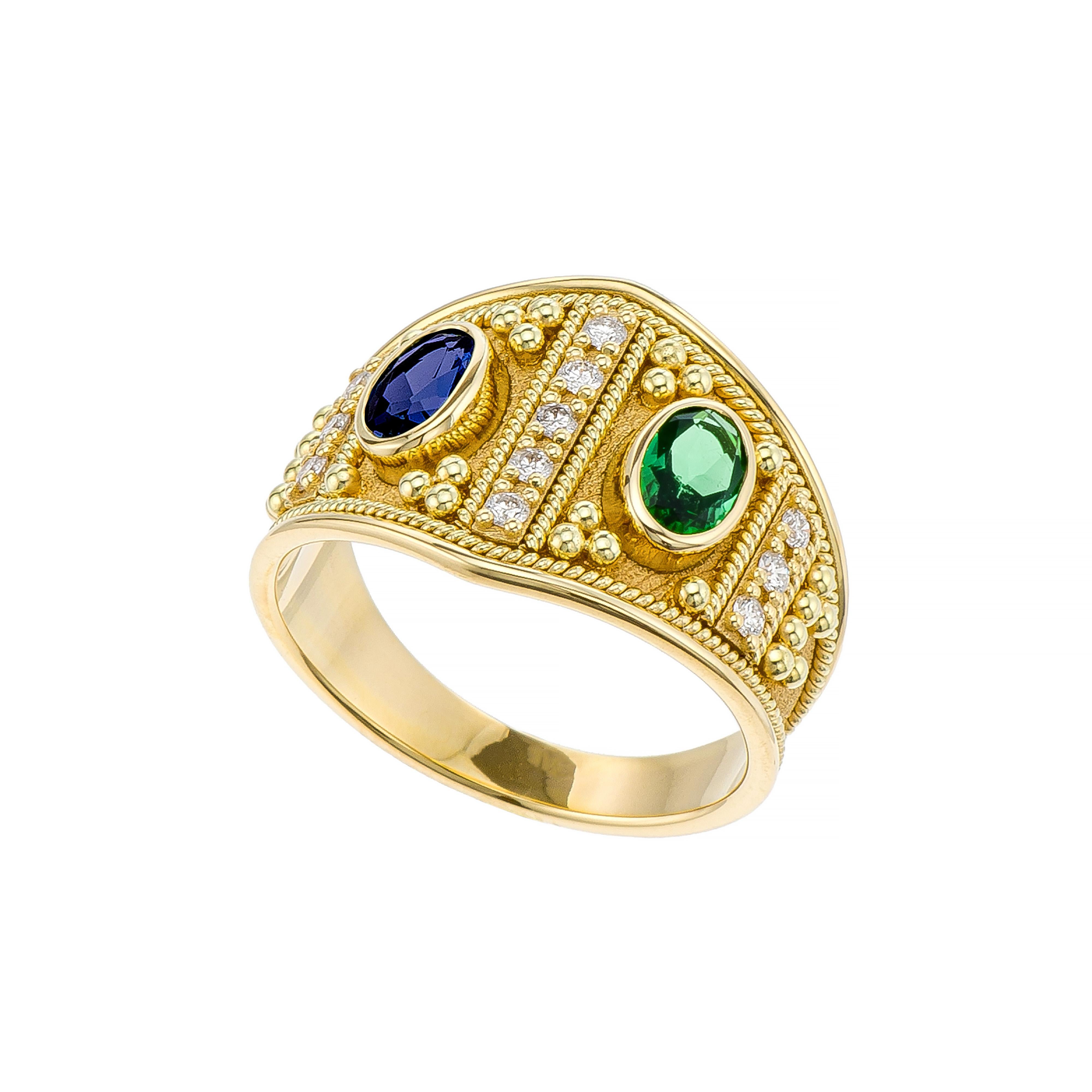 Women's Byzantine Emerald and Sapphire Gold Ring For Sale