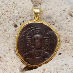 Byzantine Empire 9th Century AD Bronze Bust Of Christ Coin 18K Gold Pendant