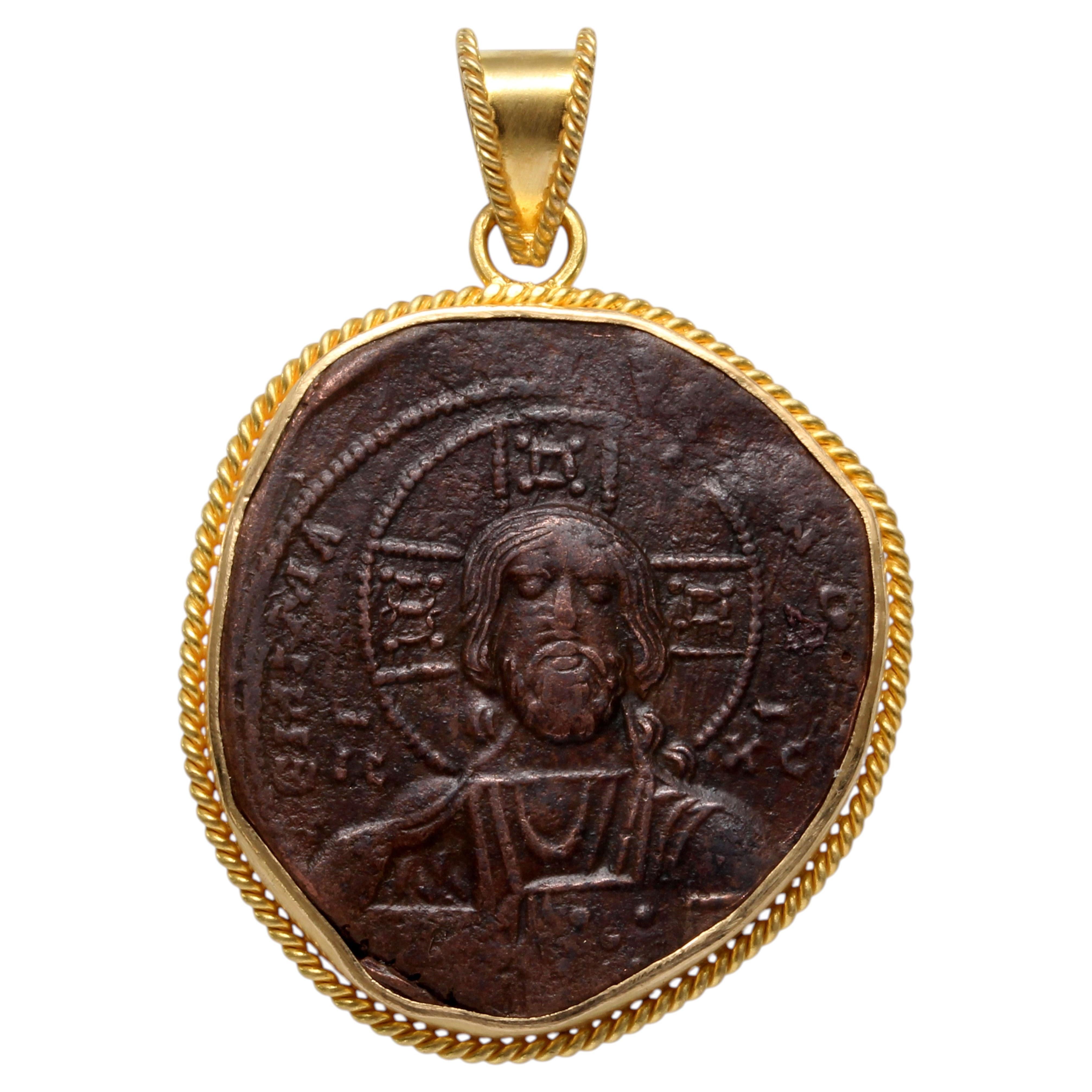 Byzantine Empire 9th Century AD Bronze Bust Of Christ Coin 18K Gold Pendant For Sale
