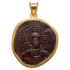 Byzantine Empire 9th Century AD Bronze Bust Of Christ Coin 18K Gold Pendant