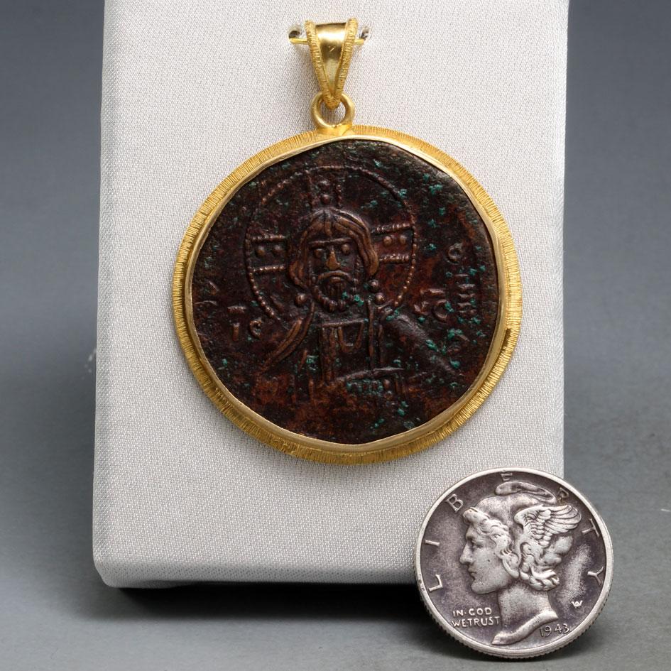 Contemporary Byzantine Empire 9th Century AD Bronze Bust Of Christ Coin 18K Gold Pendant For Sale