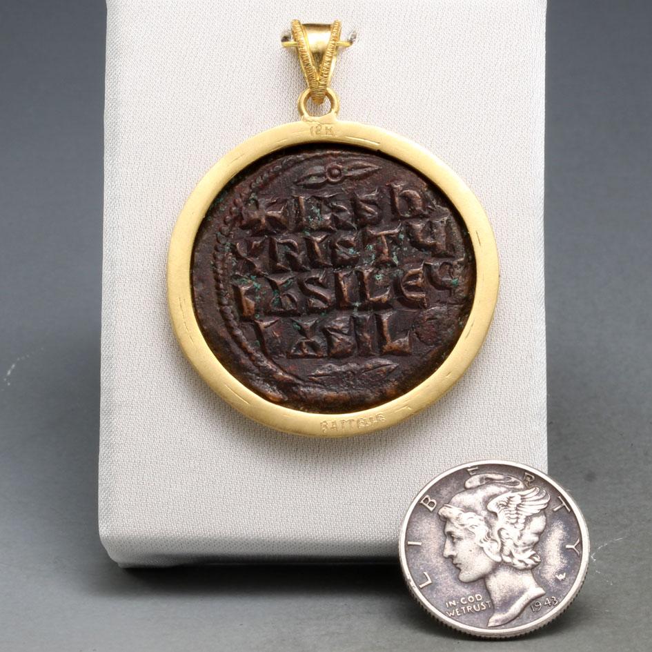 Byzantine Empire 9th Century AD Bronze Bust Of Christ Coin 18K Gold Pendant In New Condition For Sale In Soquel, CA