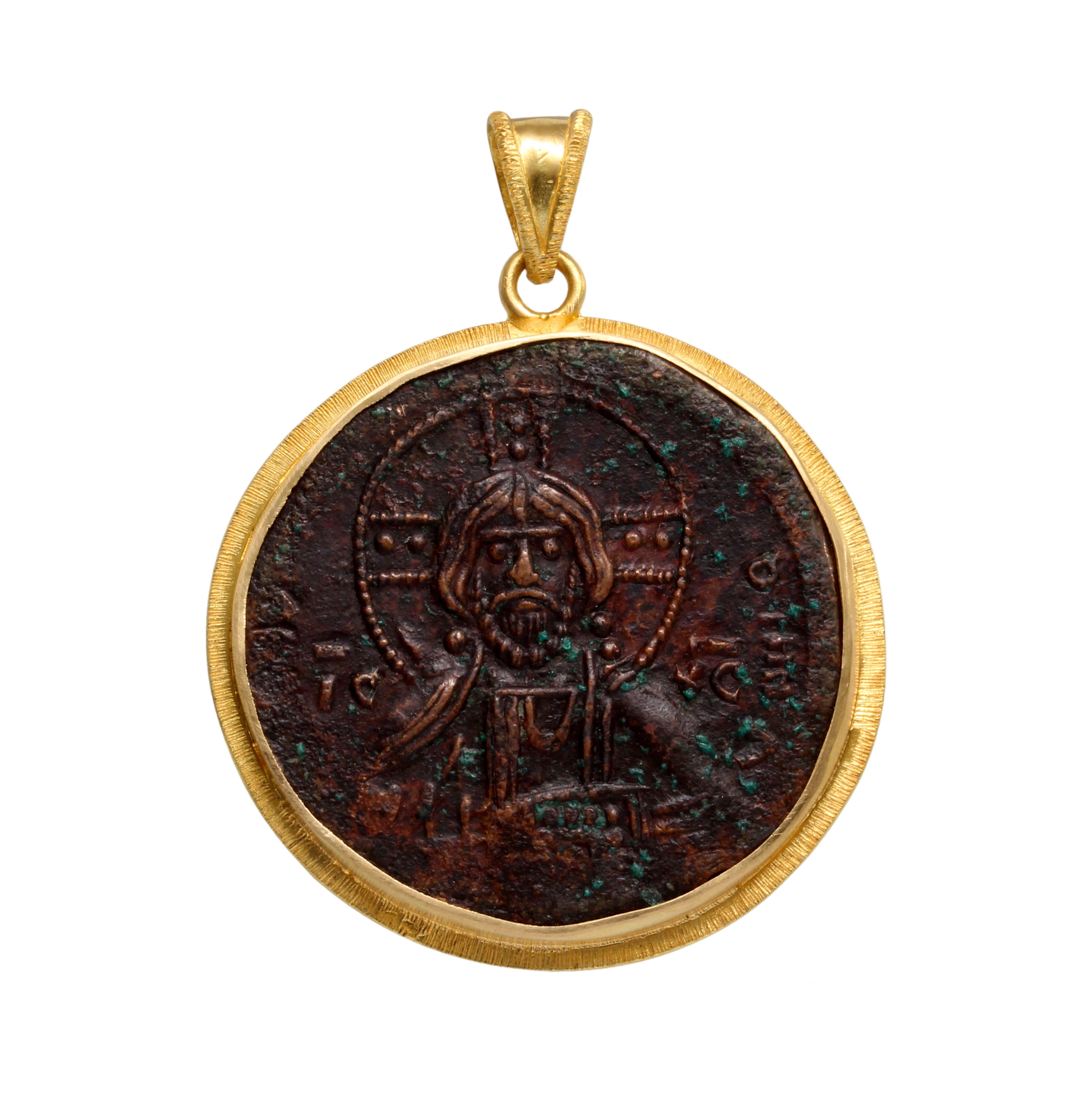 Byzantine Empire 9th Century AD Bronze Bust Of Christ Coin 18K Gold Pendant For Sale 2