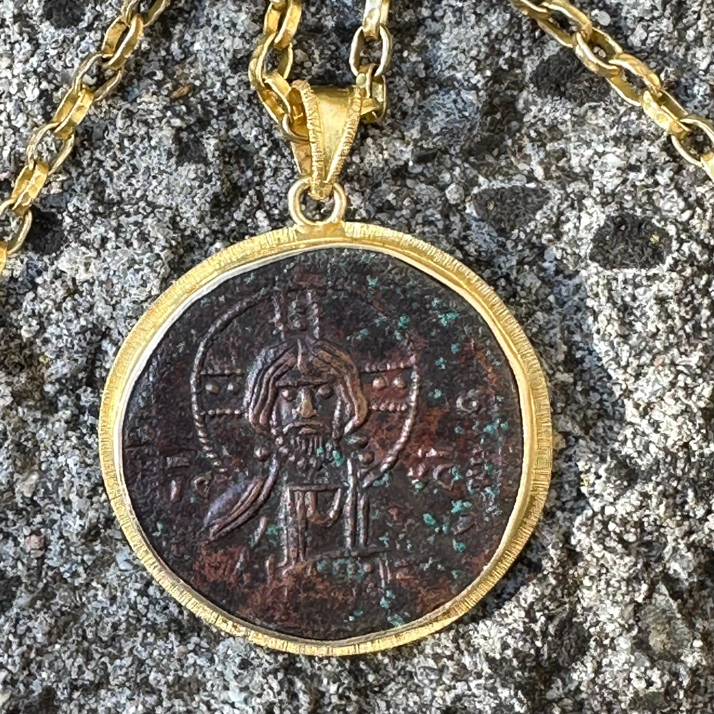 Byzantine Empire 9th Century AD Bronze Bust Of Christ Coin 18K Gold Pendant For Sale 3