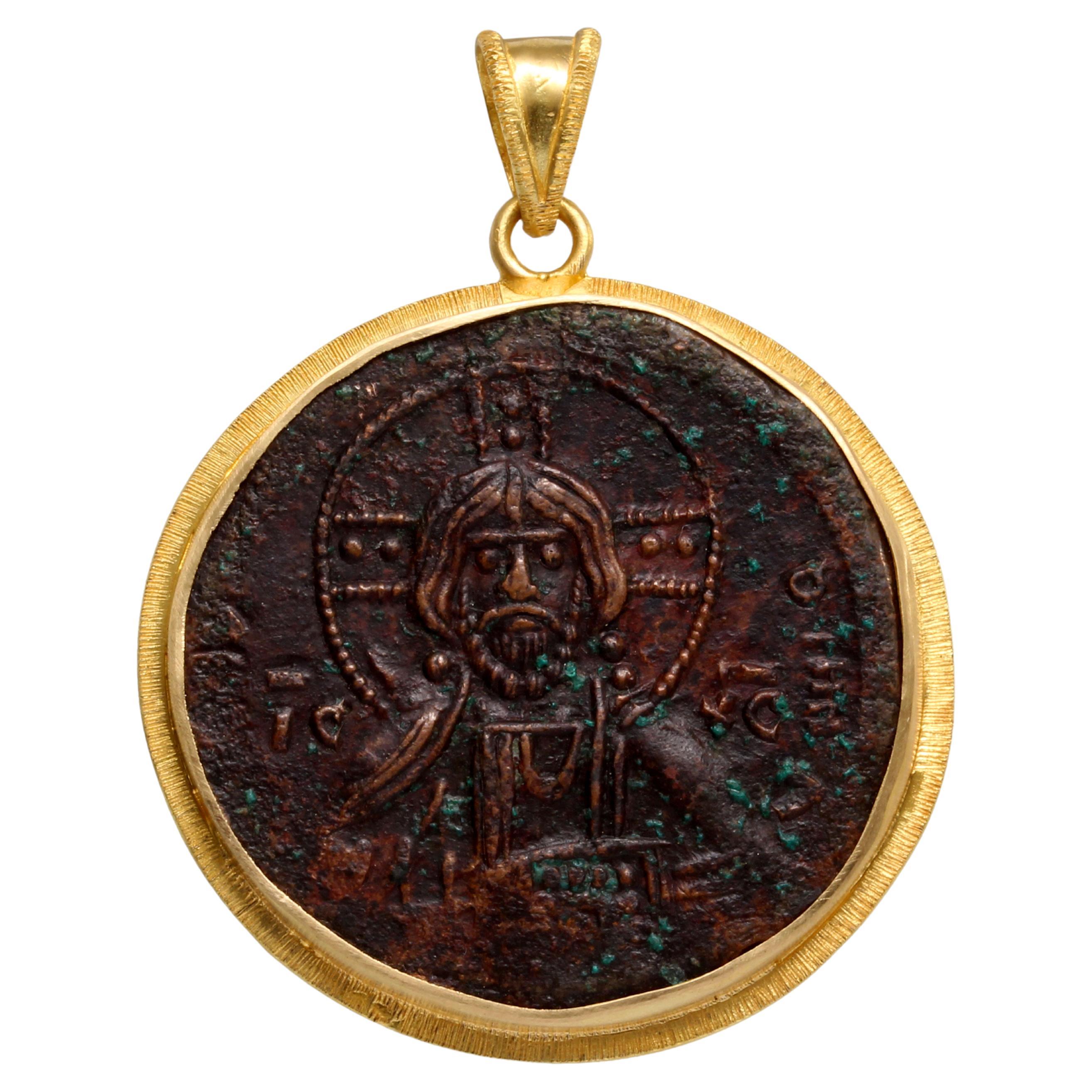 Byzantine Empire 9th Century AD Bronze Bust Of Christ Coin 18K Gold Pendant For Sale