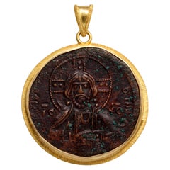 Antique Byzantine Empire 9th Century AD Bronze Bust Of Christ Coin 18K Gold Pendant