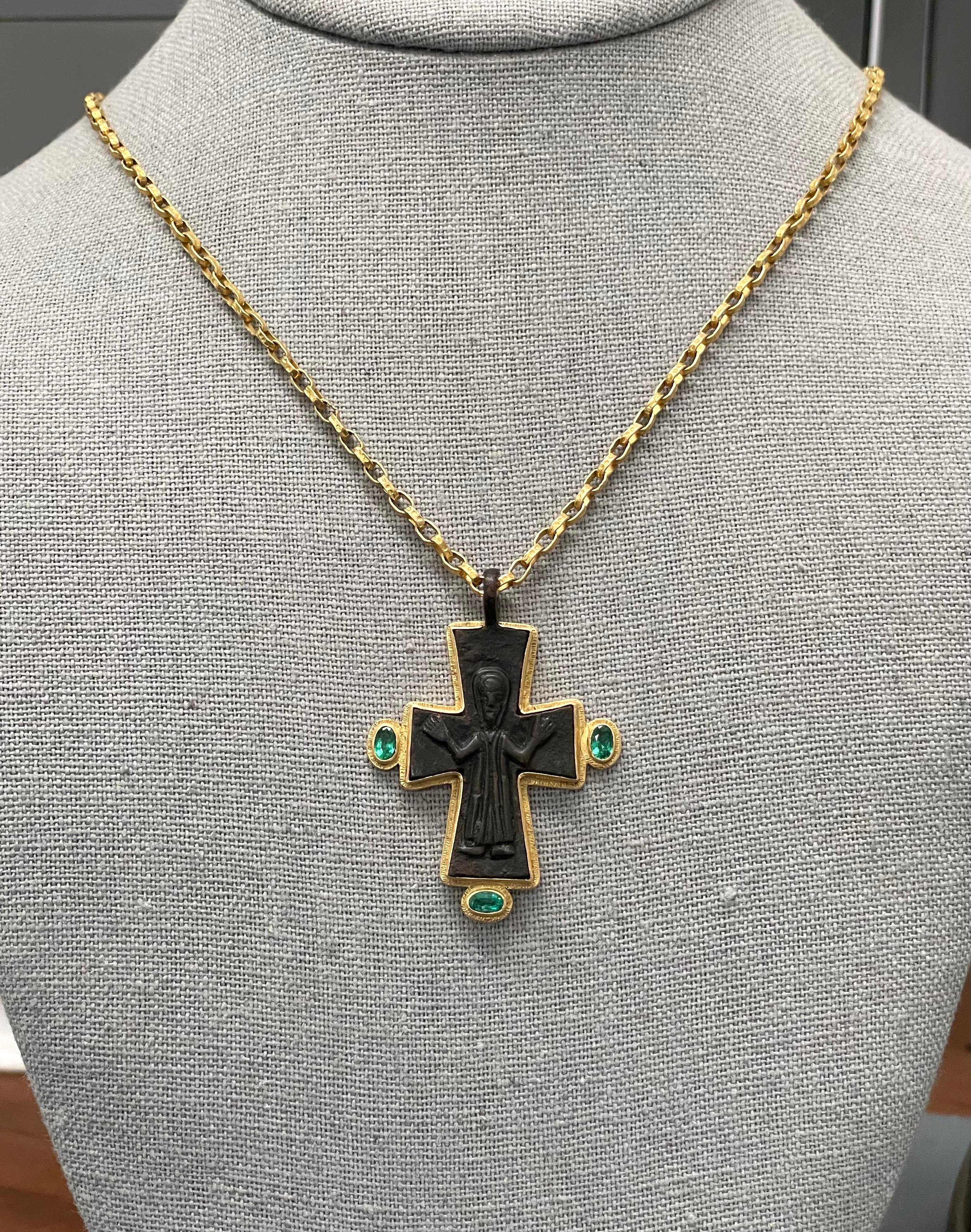 Byzantine Authentic 8th to 11th Century Bronze Cross Emeralds 18k Gold Pendant 1