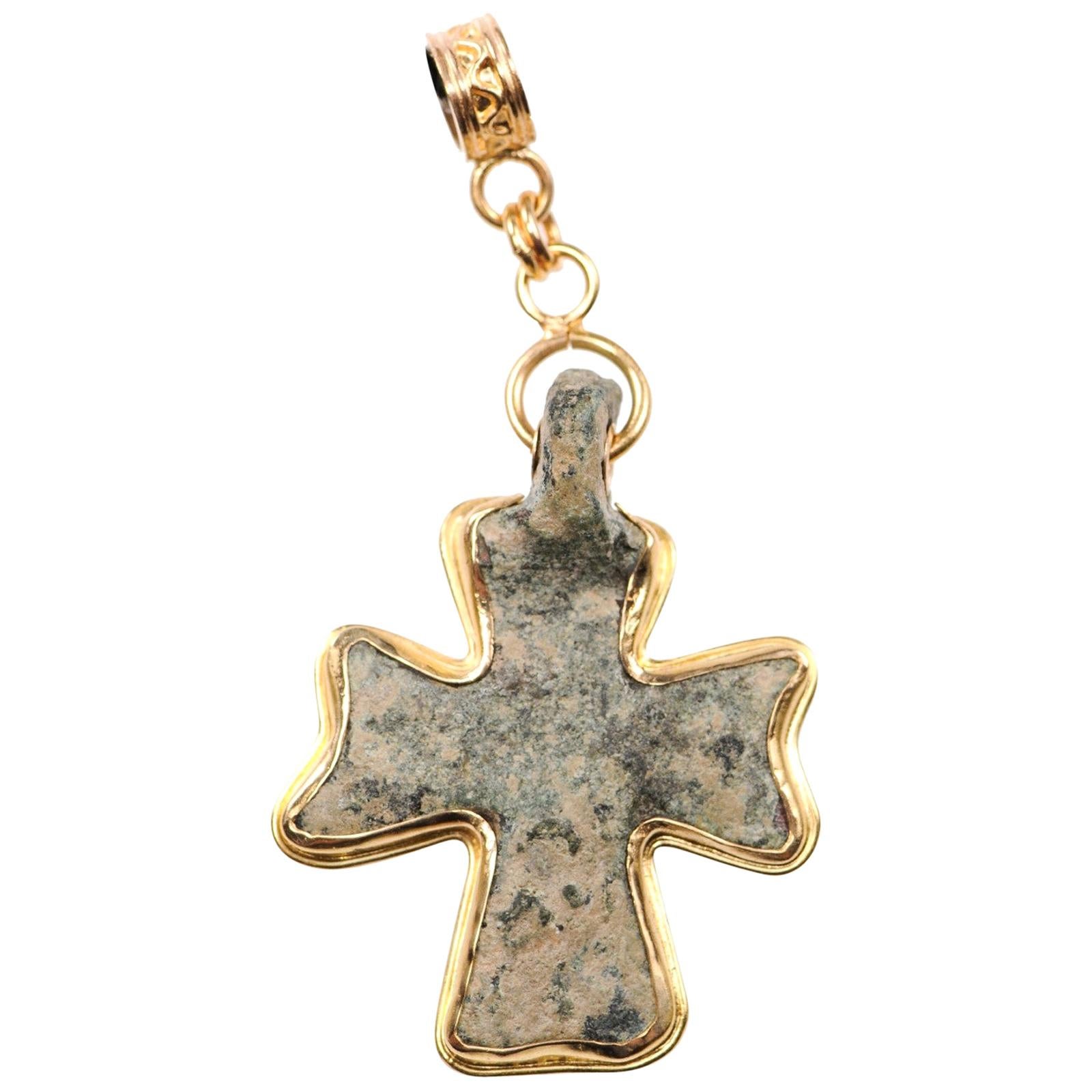 Byzantine Era Bronze Cross Artisan Set into a Beautiful 21-Karat Gold Pendant