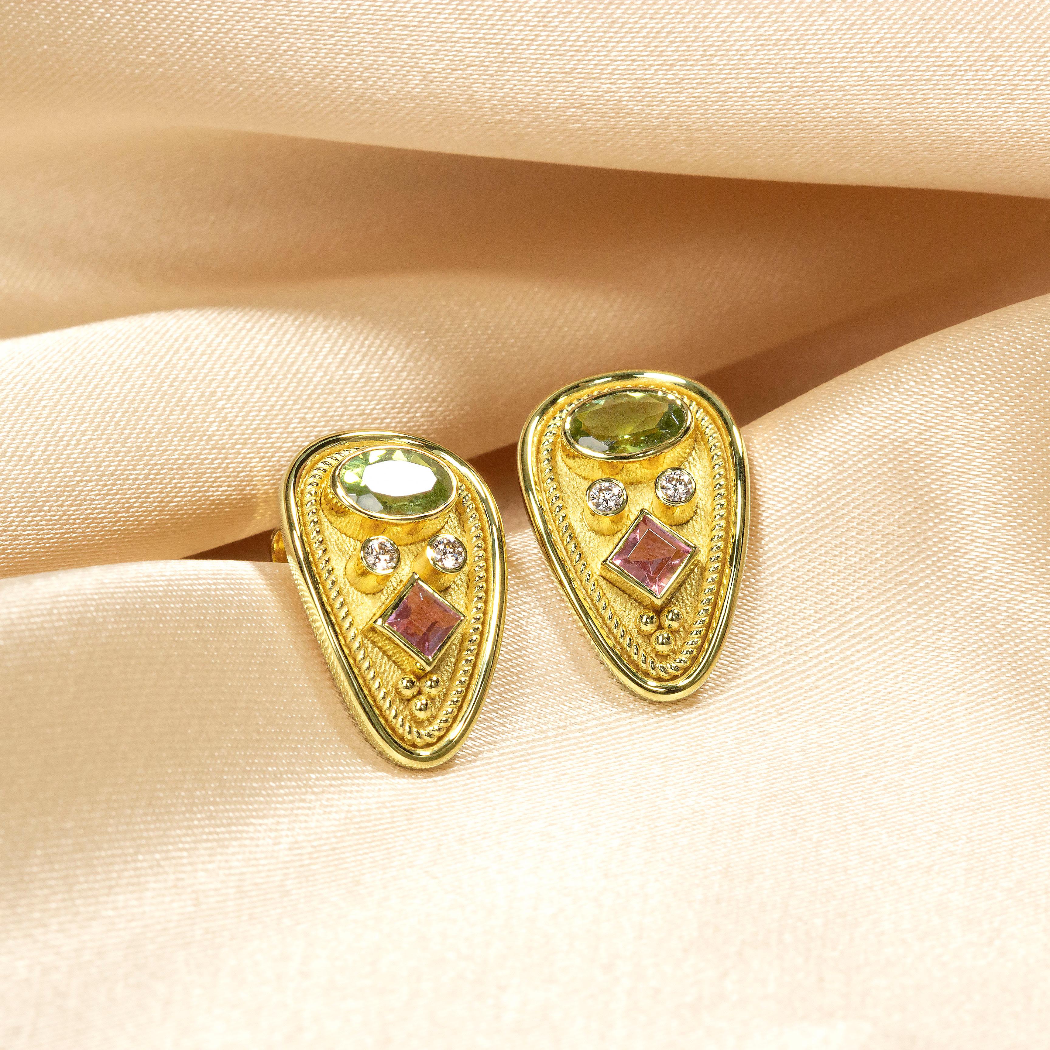 Oval Cut Byzantine Gold Earrings with Tourmalines and Diamonds For Sale