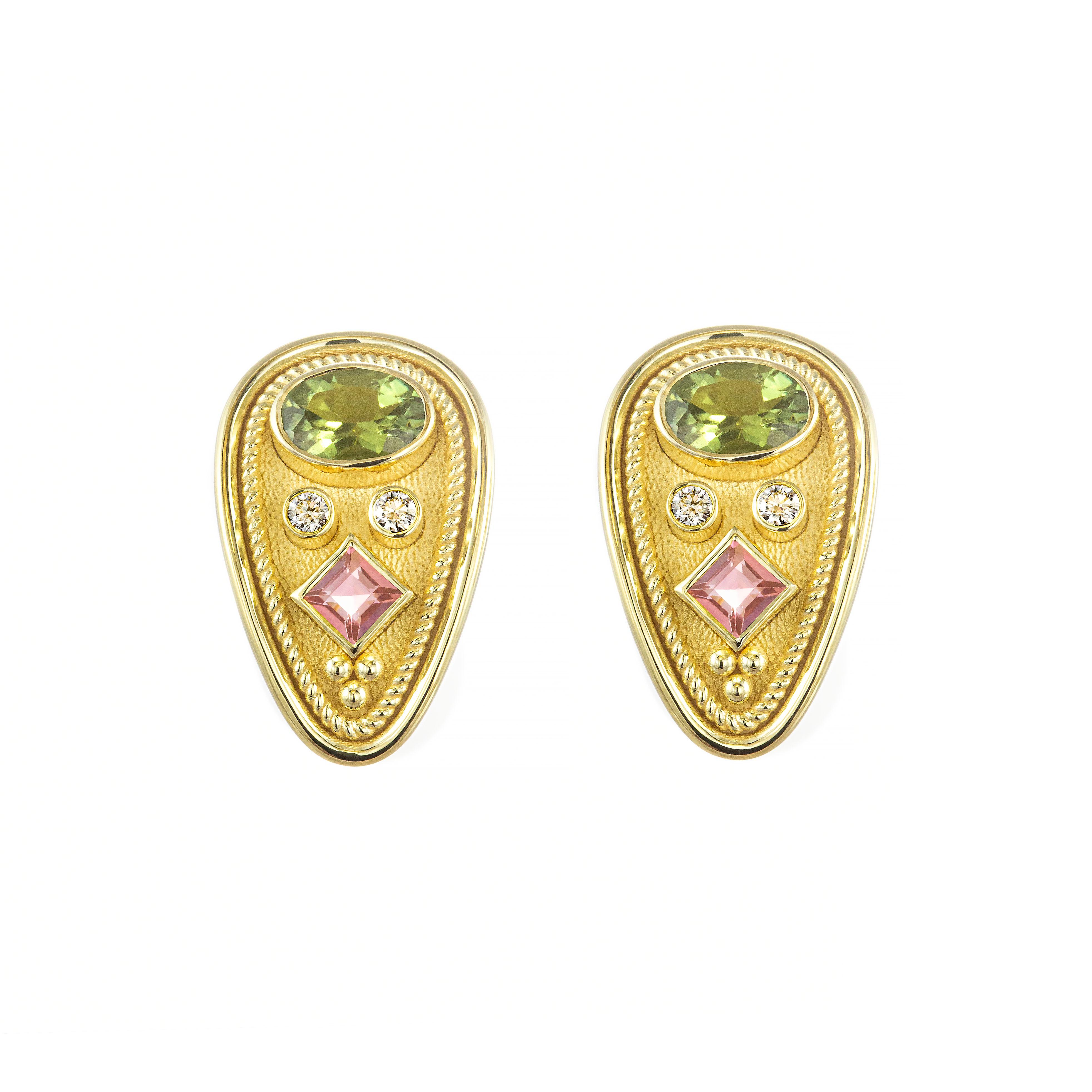 Byzantine Gold Earrings with Tourmalines and Diamonds In New Condition For Sale In Athens, GR