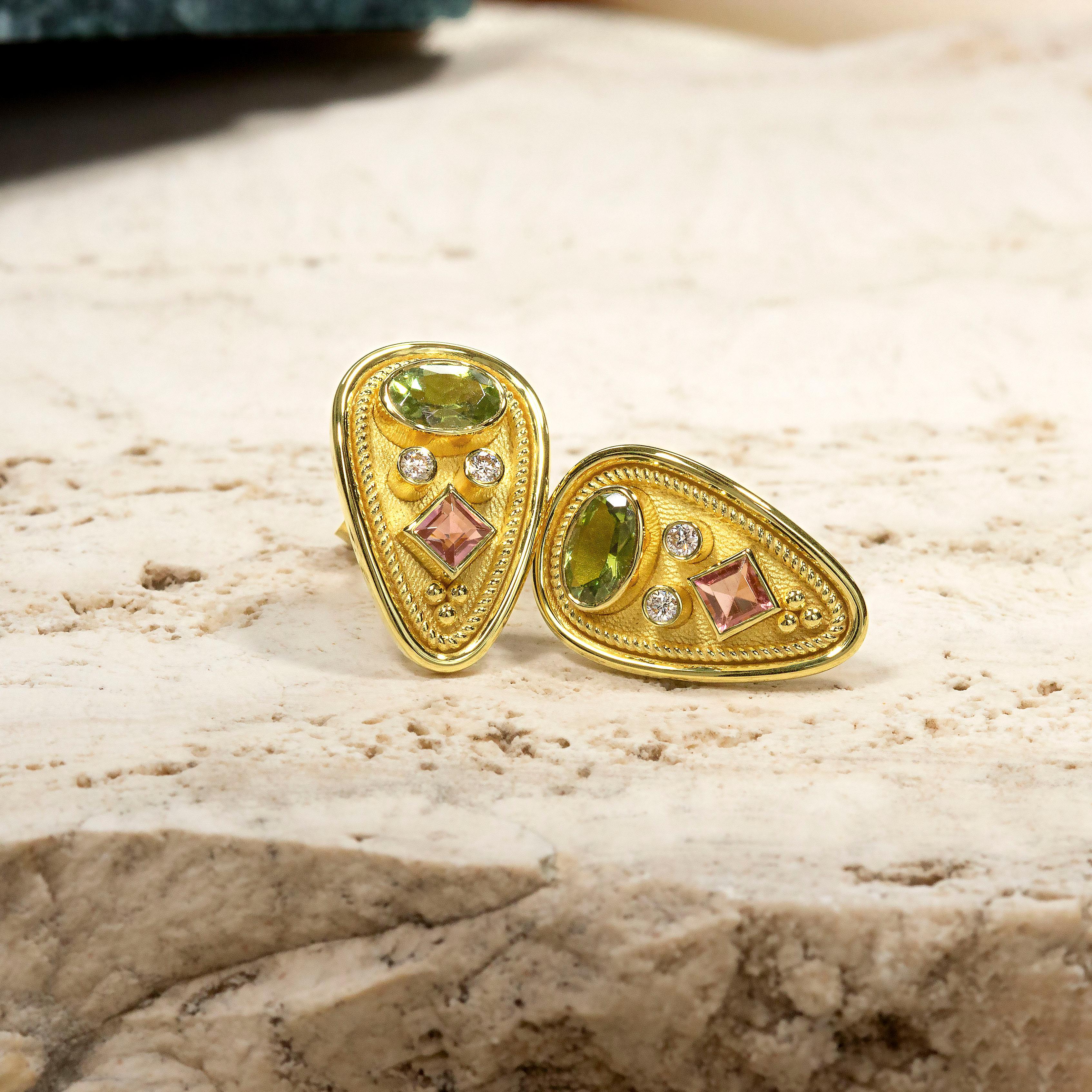 Women's Byzantine Gold Earrings with Tourmalines and Diamonds For Sale