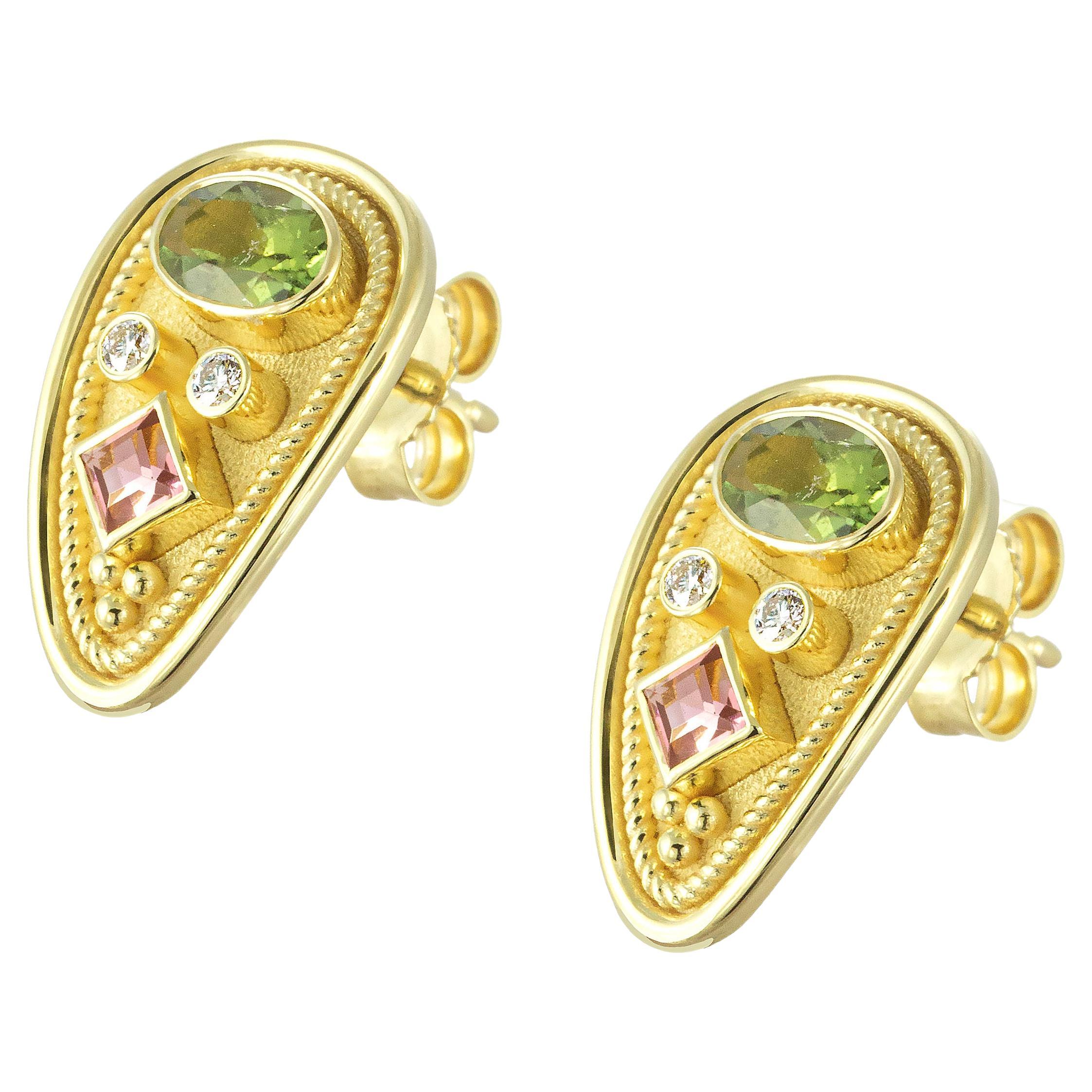 Byzantine Gold Earrings with Tourmalines and Diamonds For Sale