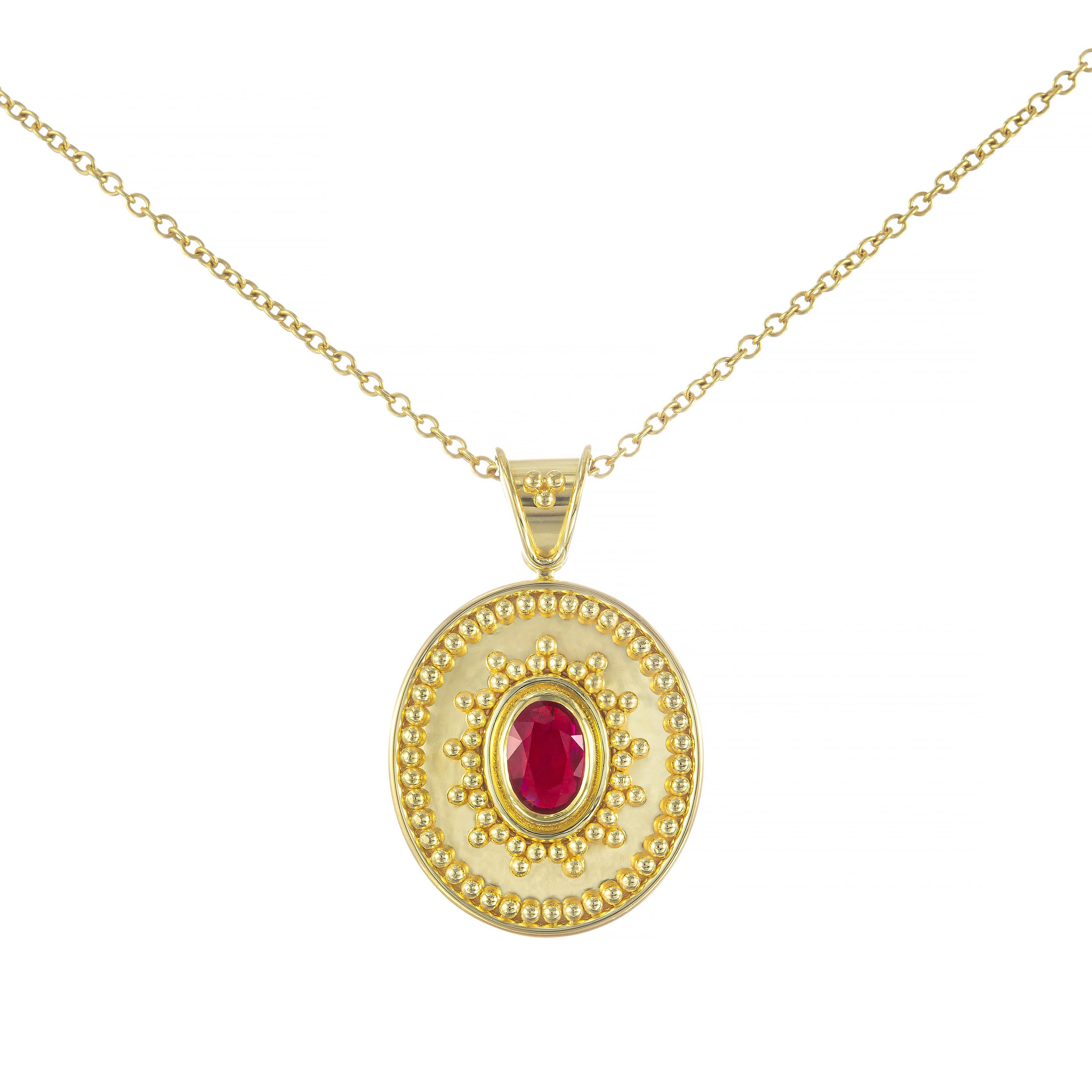 Oval Cut Byzantine Gold Oval Pendant with Ruby and Shiny Finish For Sale