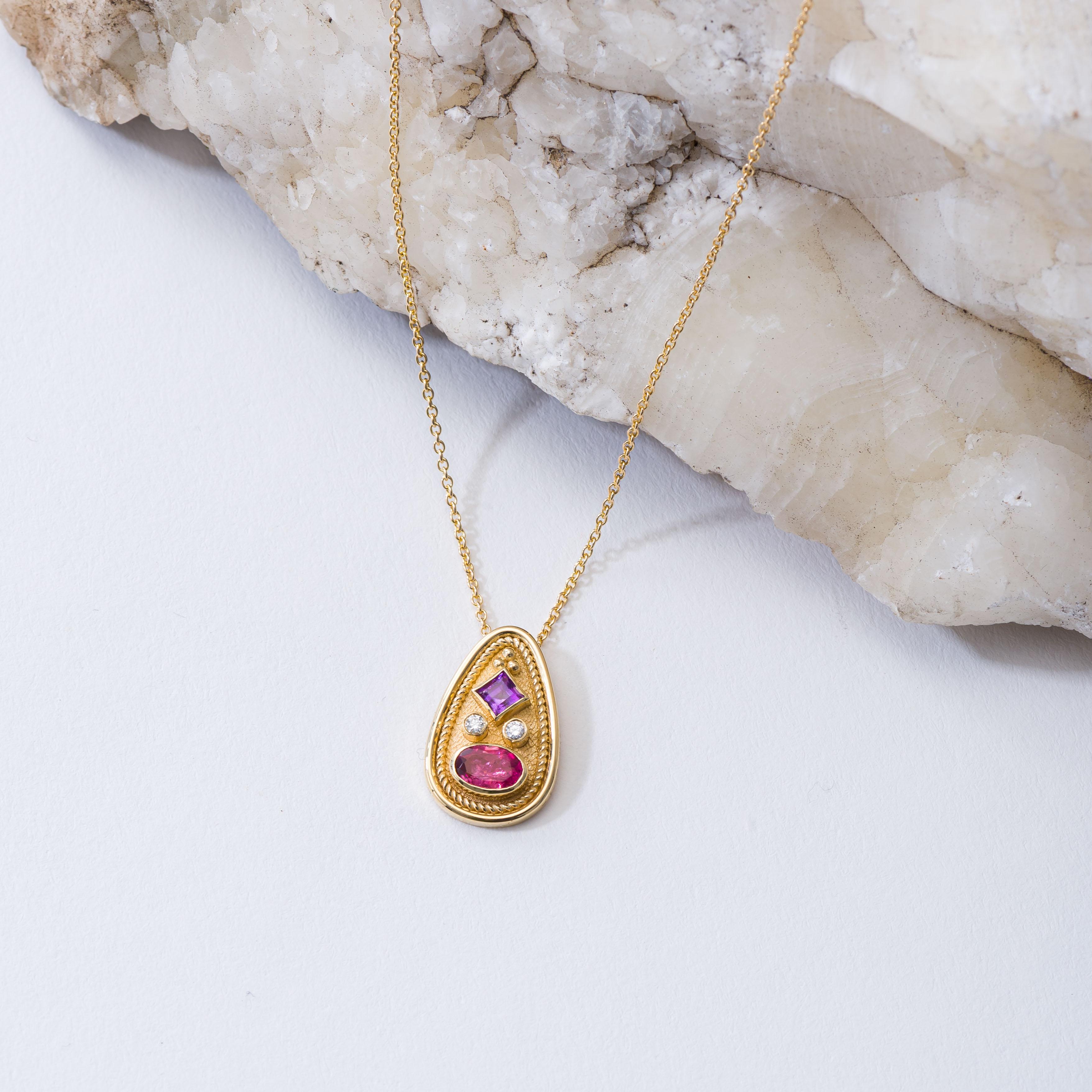Oval Cut Byzantine Gold Pendant with Amethyst Tourmaline and Diamonds For Sale
