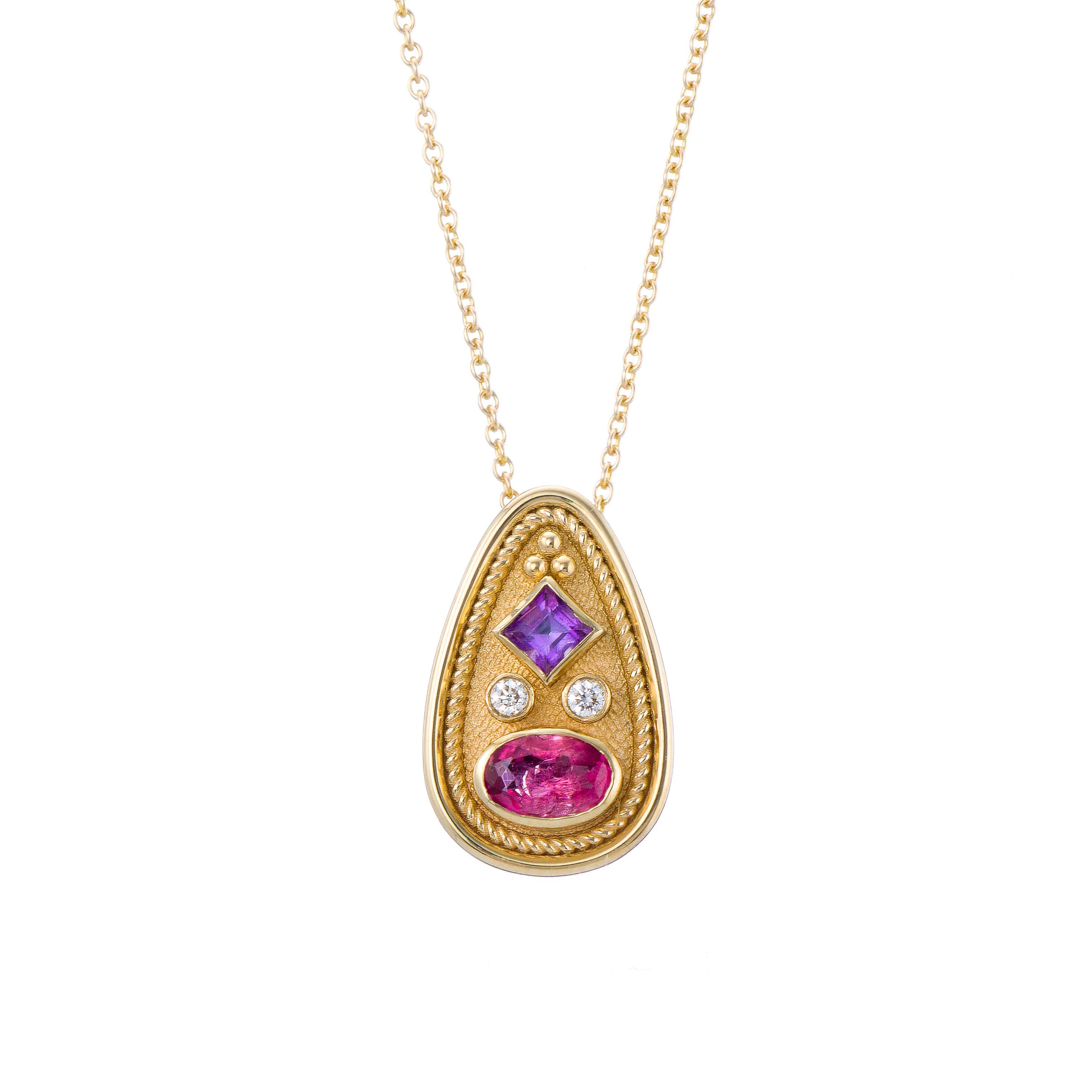 Byzantine Gold Pendant with Amethyst Tourmaline and Diamonds In New Condition For Sale In Athens, GR
