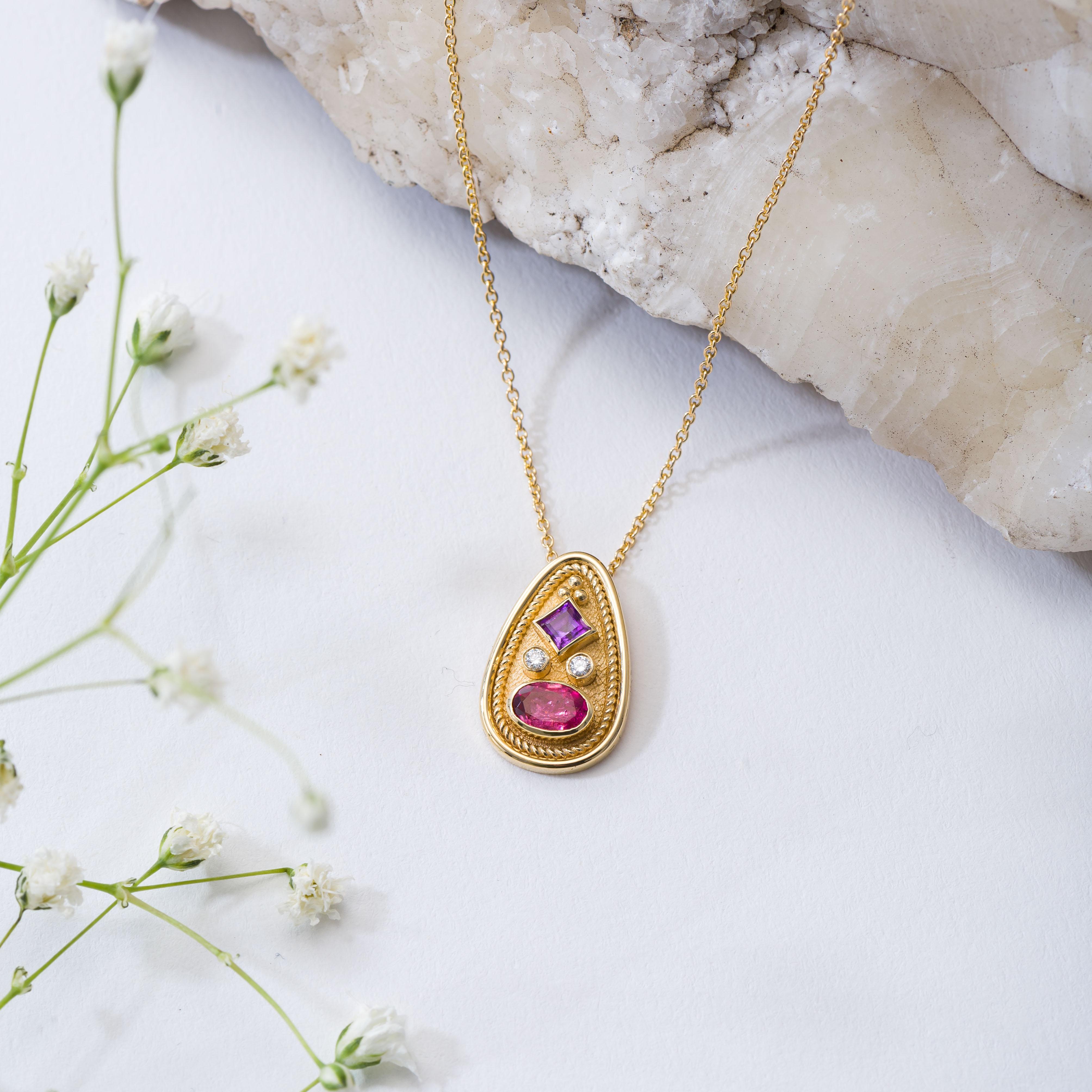 Byzantine Gold Pendant with Amethyst Tourmaline and Diamonds For Sale 1