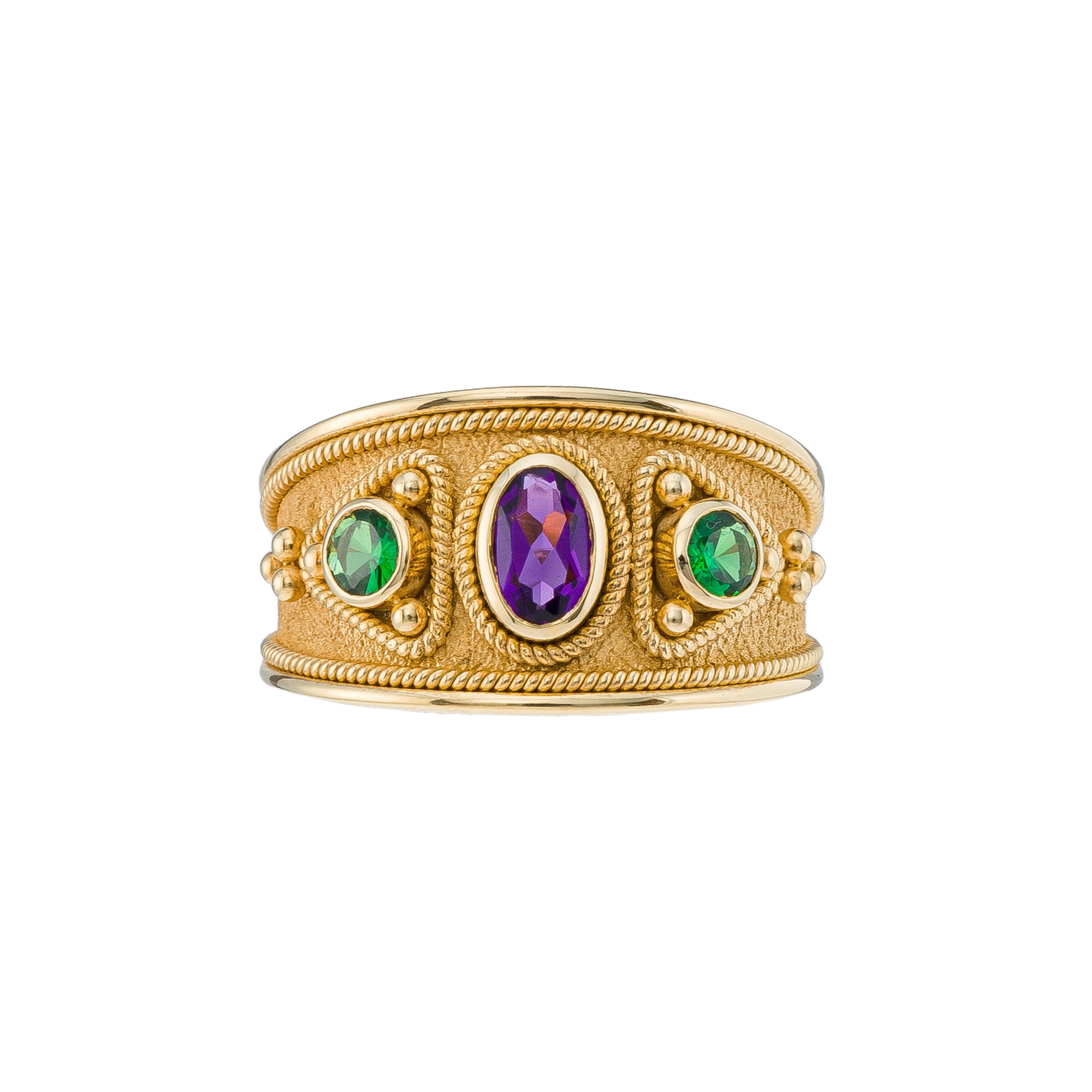Oval Cut  Byzantine Gold Ring with Amethyst and Tsavorites For Sale