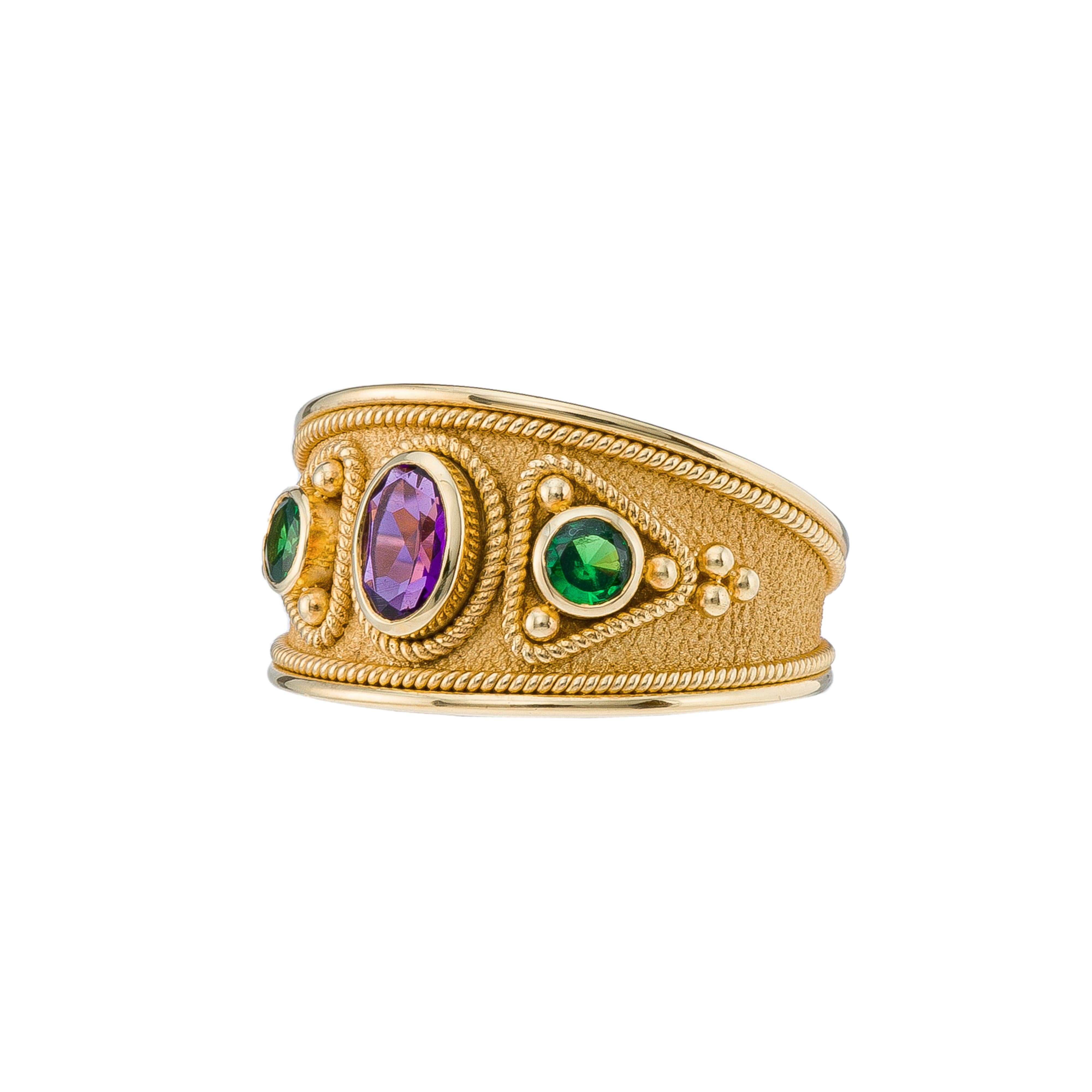 Women's  Byzantine Gold Ring with Amethyst and Tsavorites For Sale