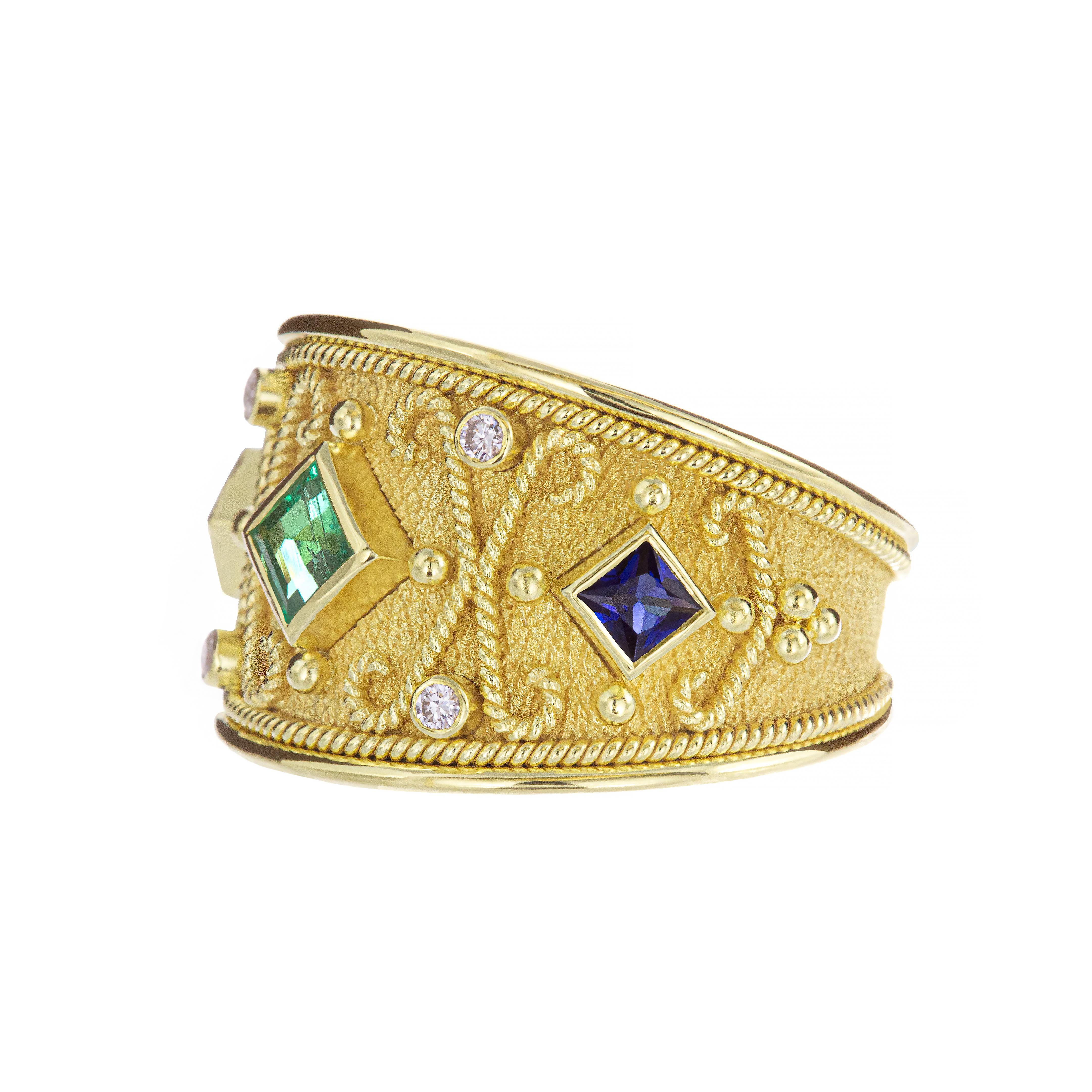 Women's Byzantine Gold Ring with Emerald Sapphires and Diamonds For Sale