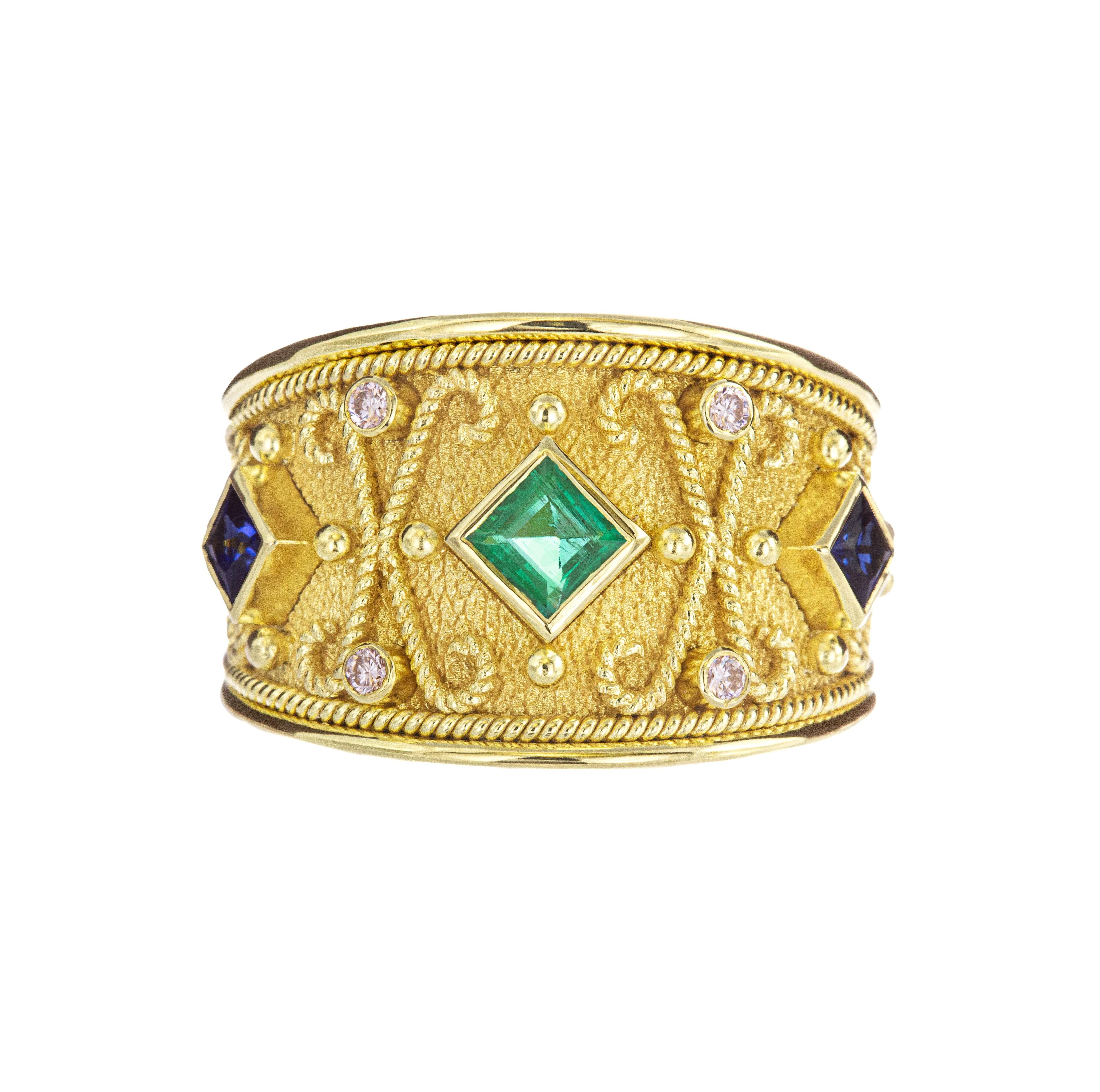 Princess Cut Byzantine Gold Ring with Emerald Sapphires and Diamonds For Sale