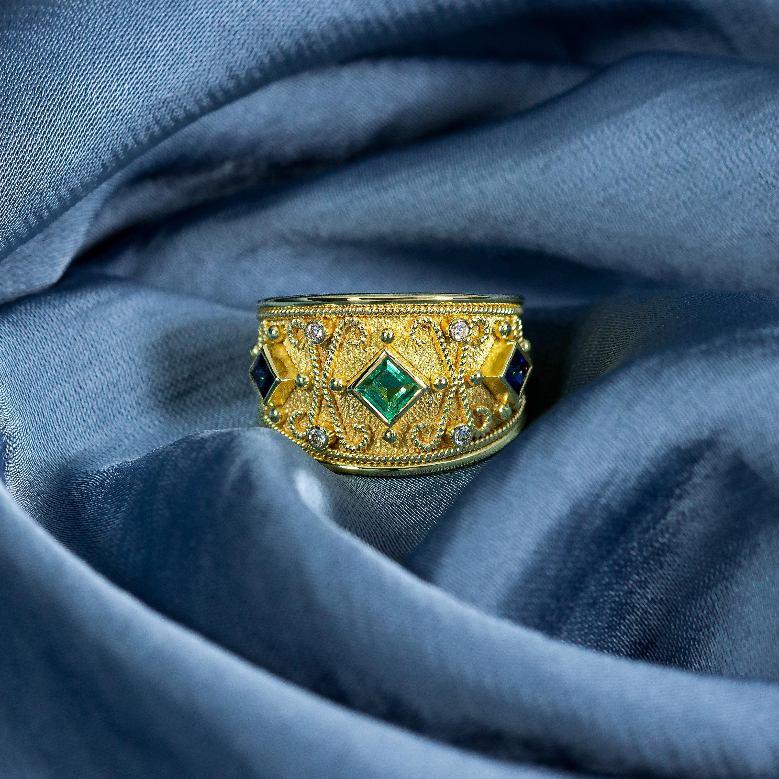 Byzantine Gold Ring with Emerald Sapphires and Diamonds For Sale 1