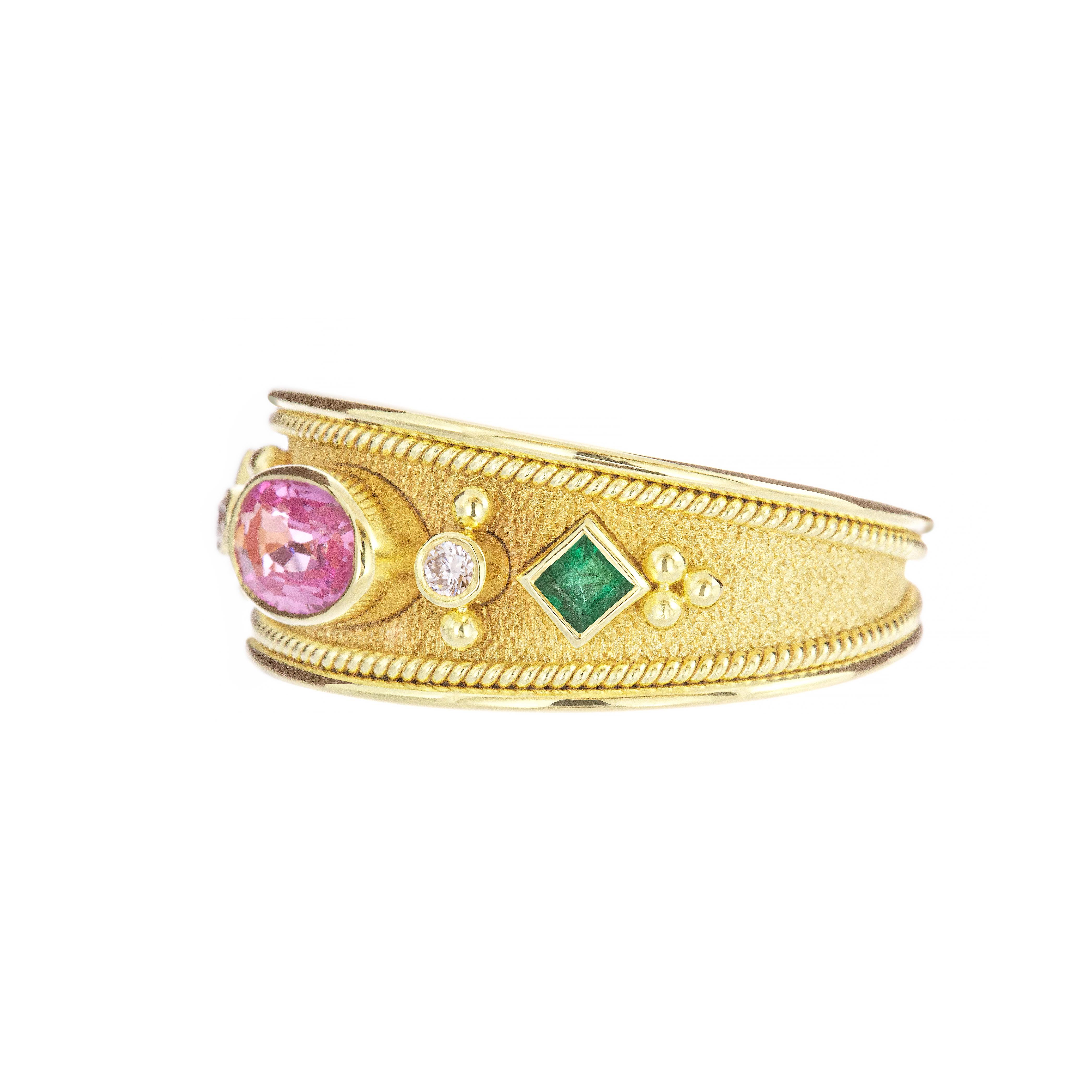 Oval Cut Byzantine Gold Ring with Pink Sapphire and Emeralds For Sale