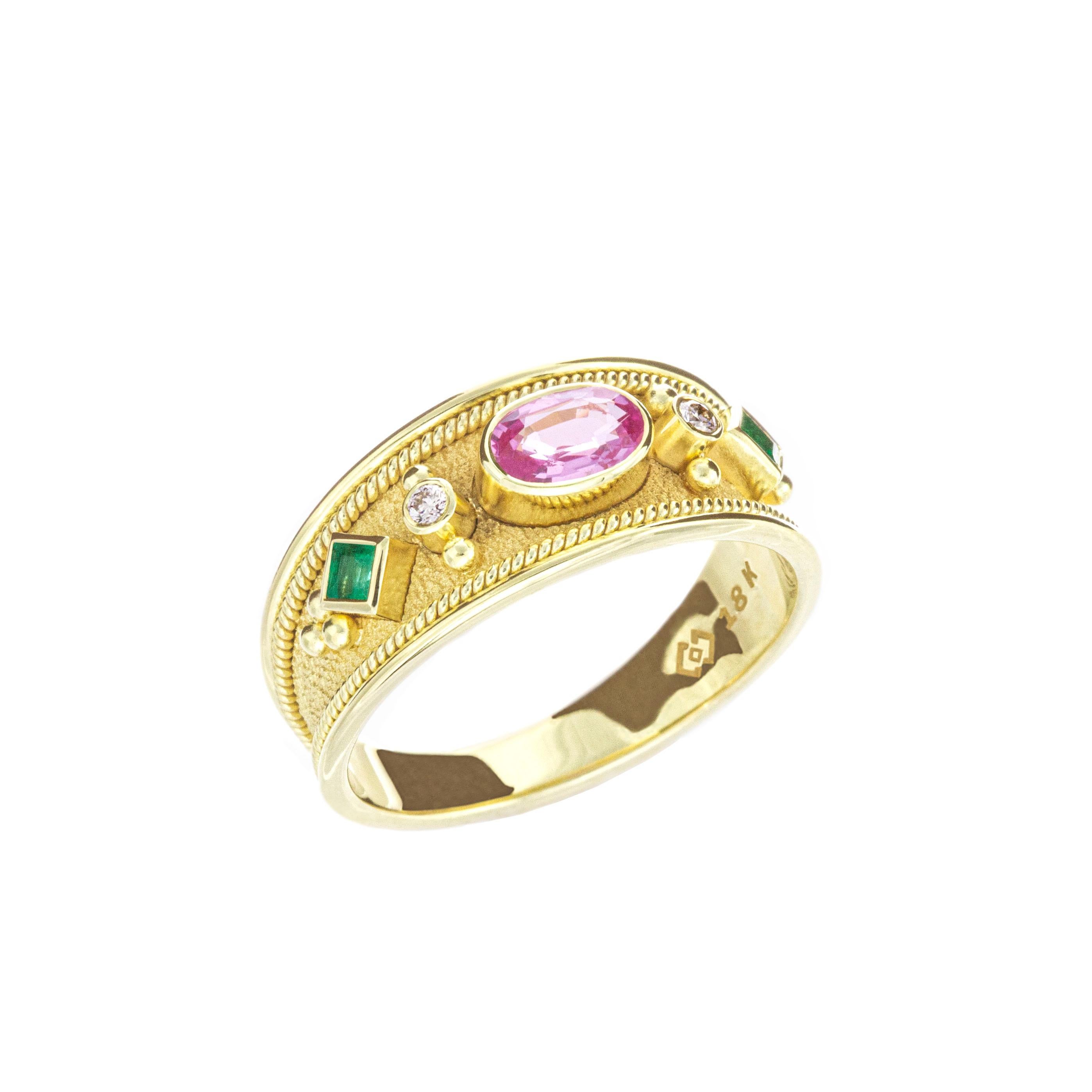 Women's Byzantine Gold Ring with Pink Sapphire and Emeralds For Sale