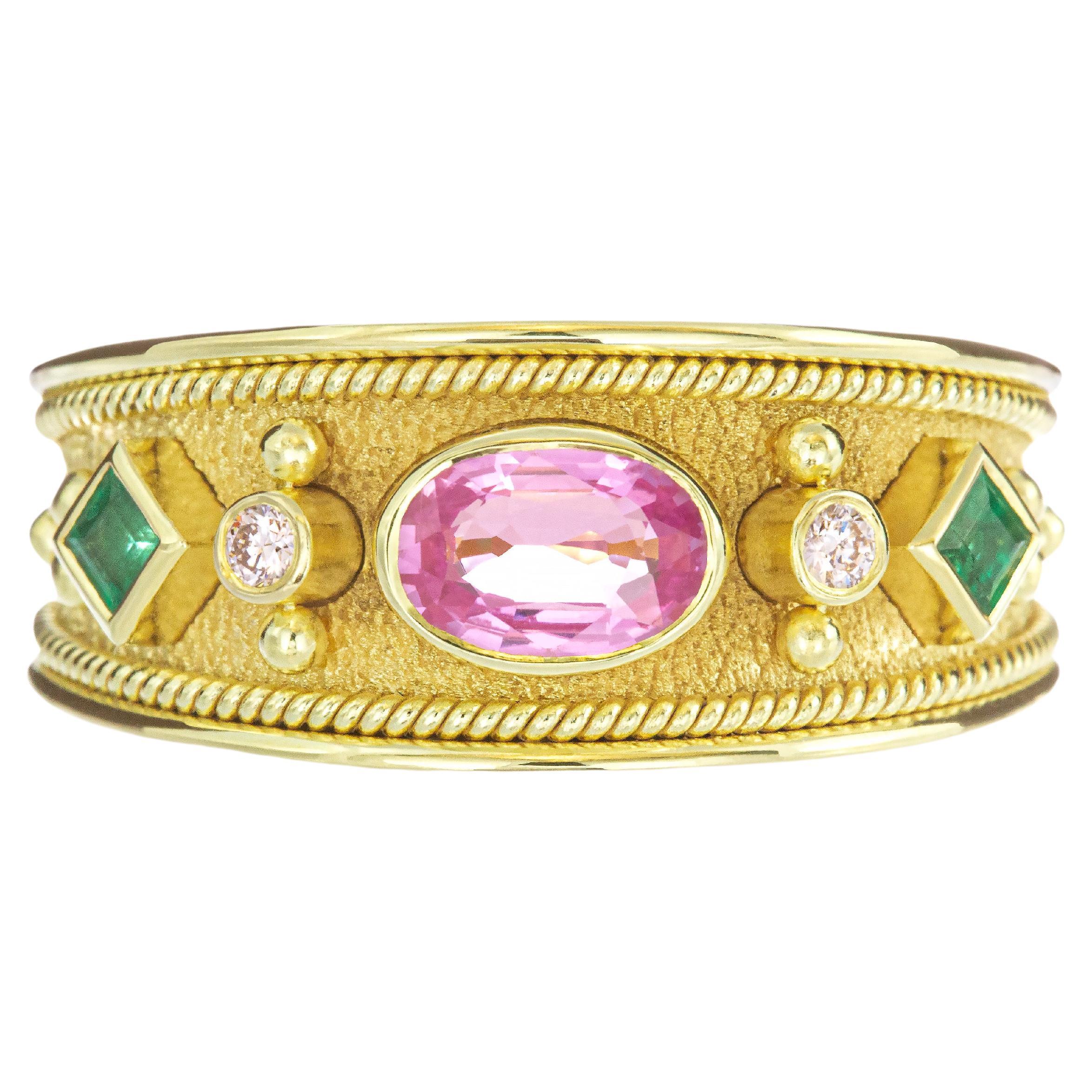 Byzantine Gold Ring with Pink Sapphire and Emeralds For Sale