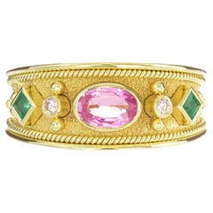 Byzantine Gold Ring with Pink Sapphire and Emeralds